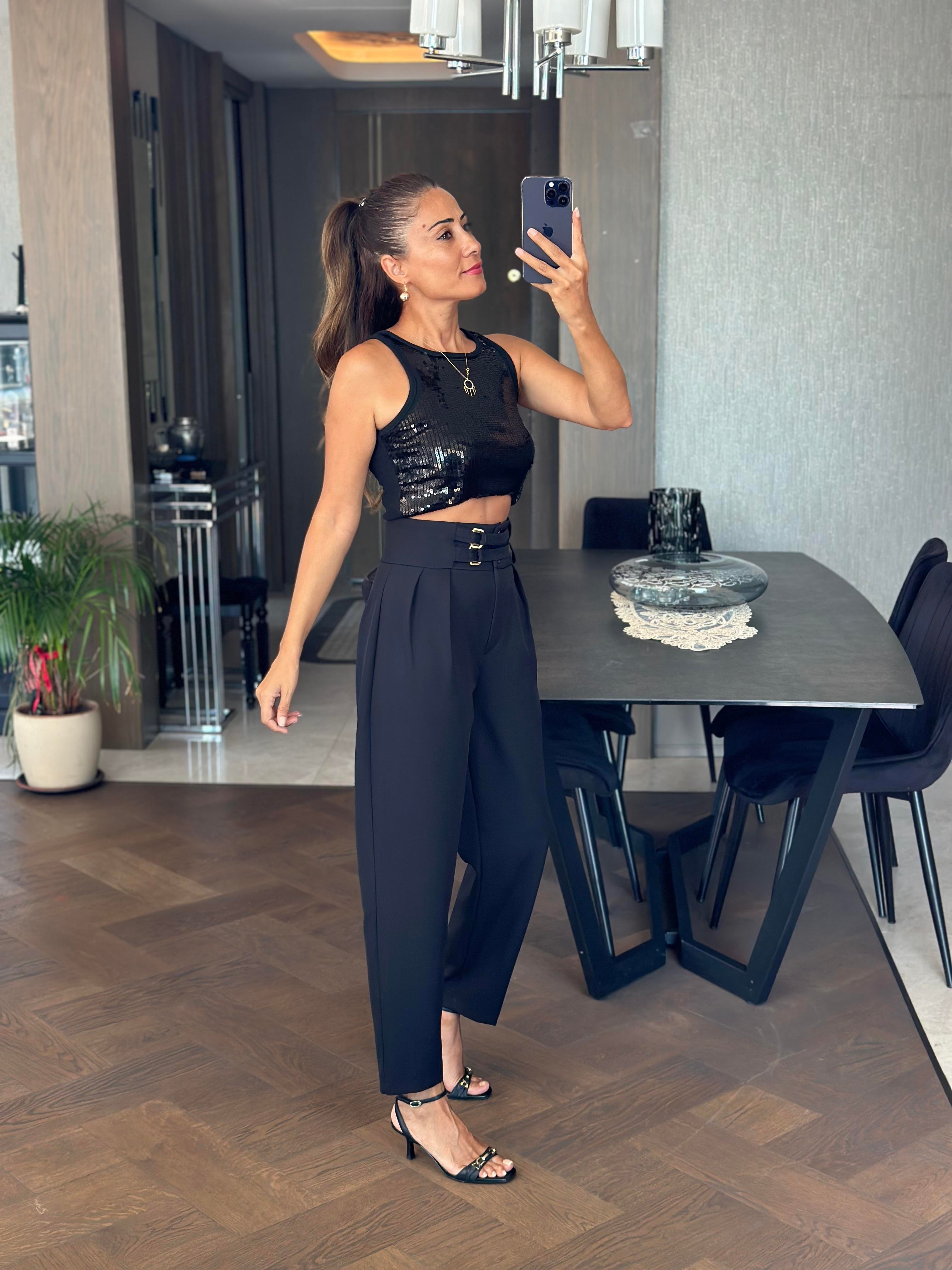 Siyah Ekstra Yüksek Bel Tokalı Marka Model Kadın Pantolon