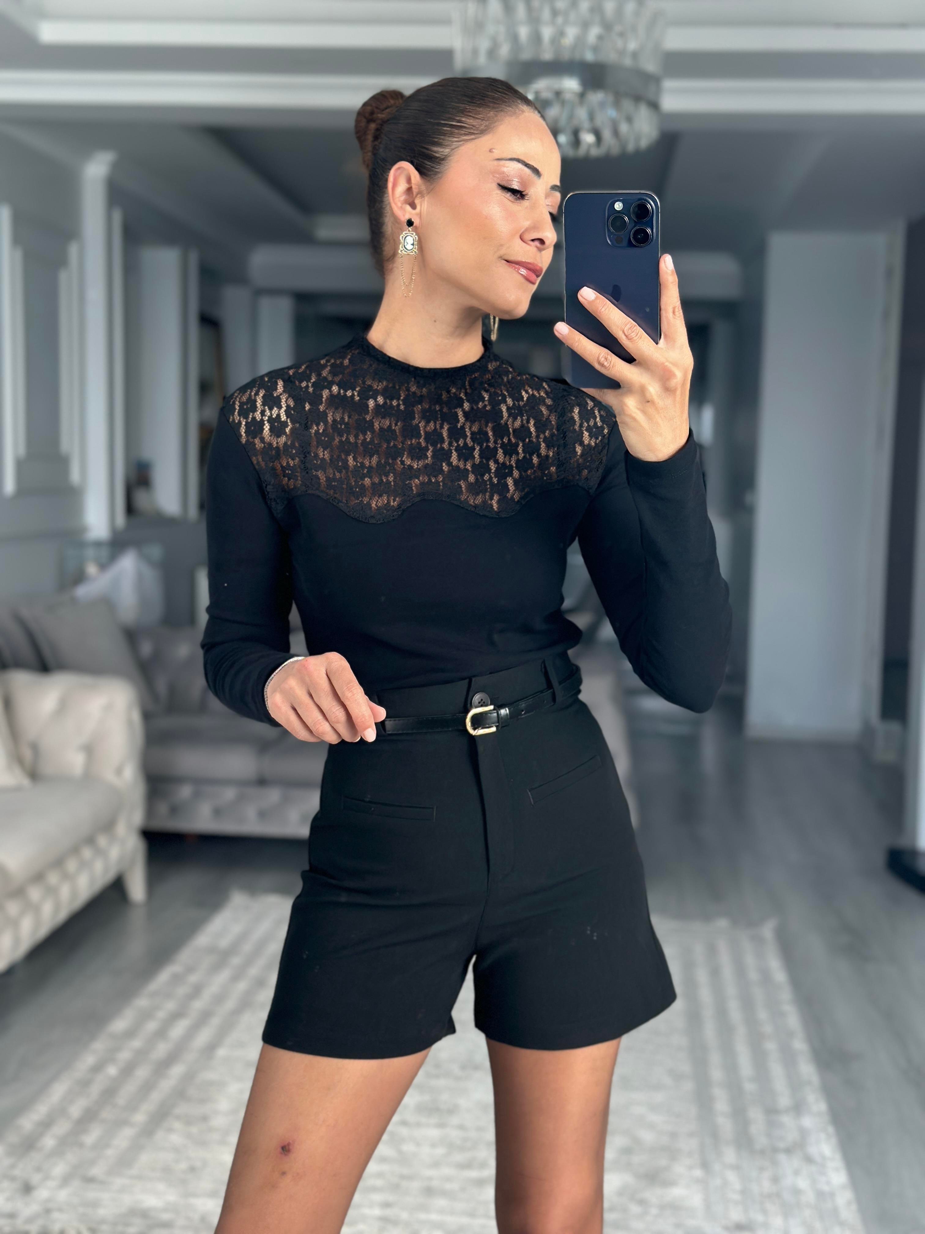Siyah Elegant Dantel Garnili Uzun Kol Kadın Bluz