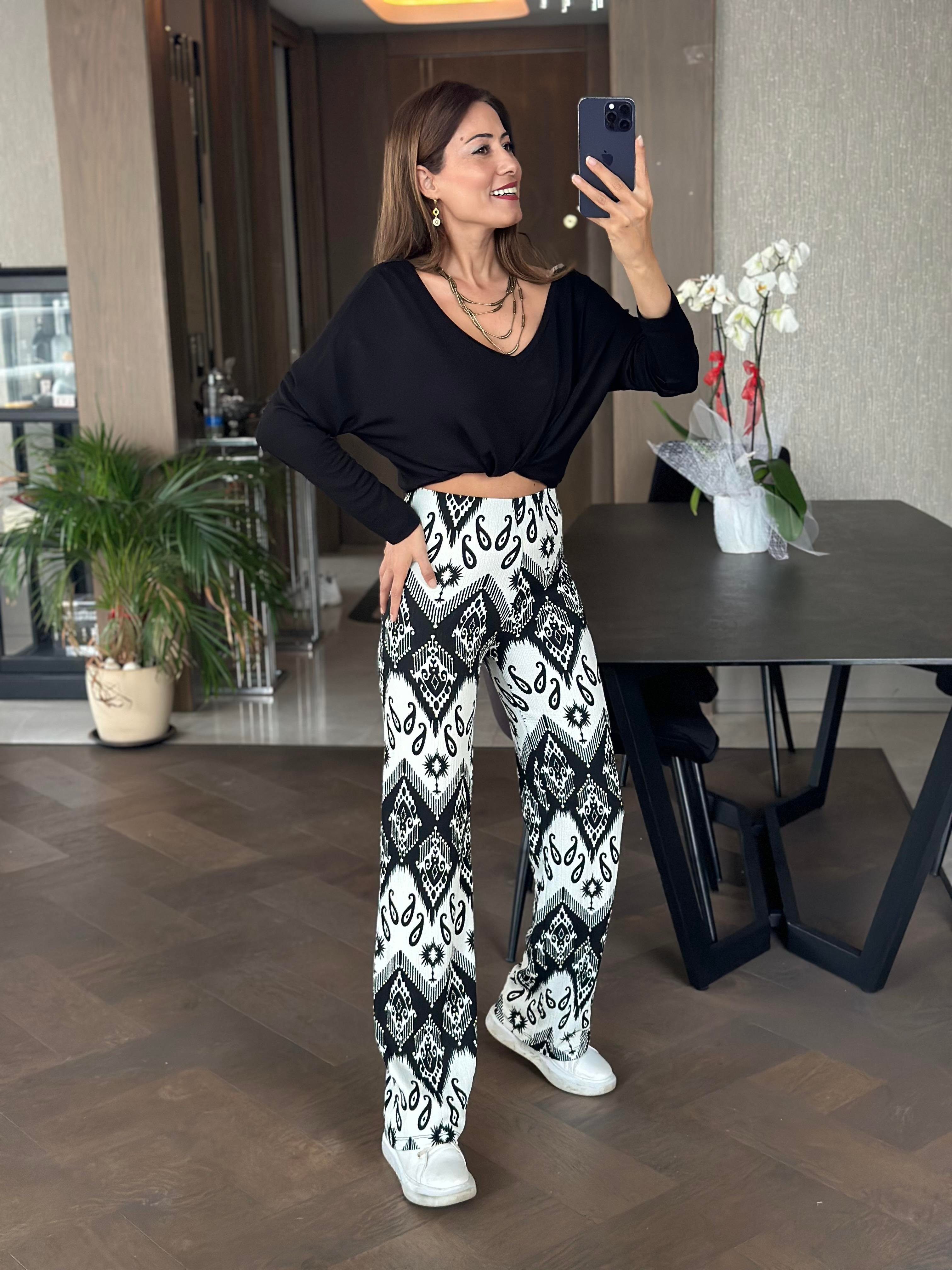 Siyah Etnik Desen Beli Lastikli Bürümcük Kadın Pantolon