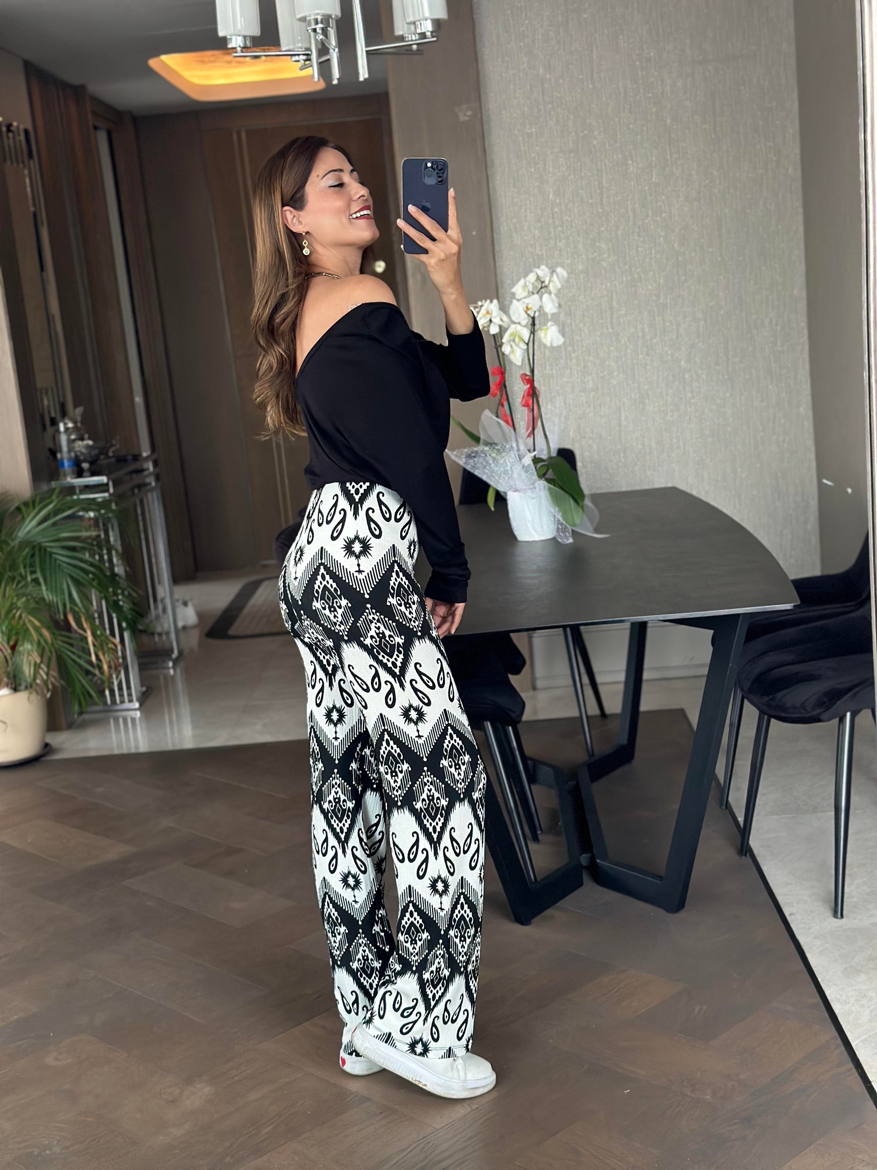 Siyah Etnik Desen Beli Lastikli Bürümcük Kadın Pantolon