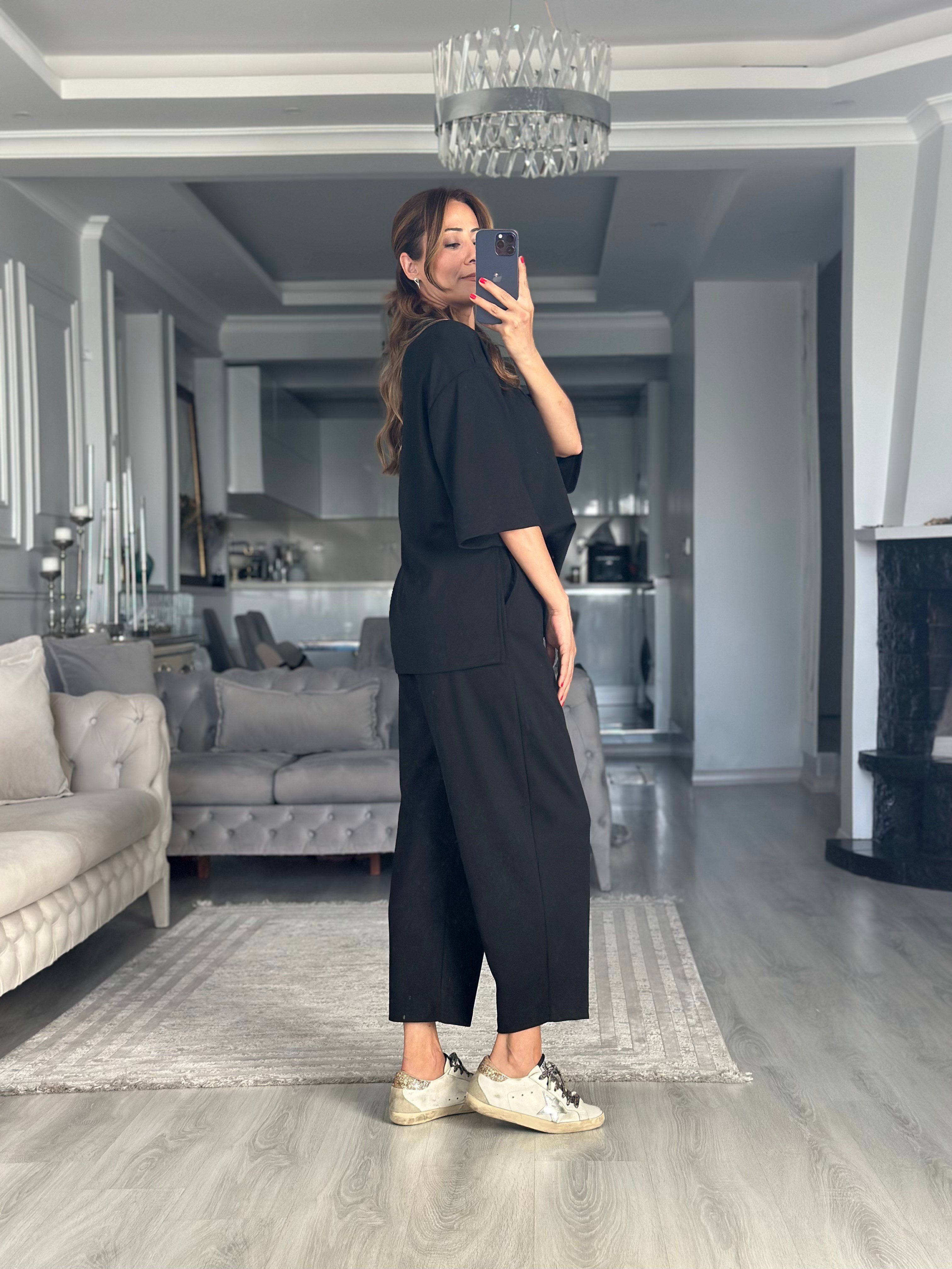 Siyah Fakir Kol Yırtmaçlı Oversize Modal Kadın İkili Takım