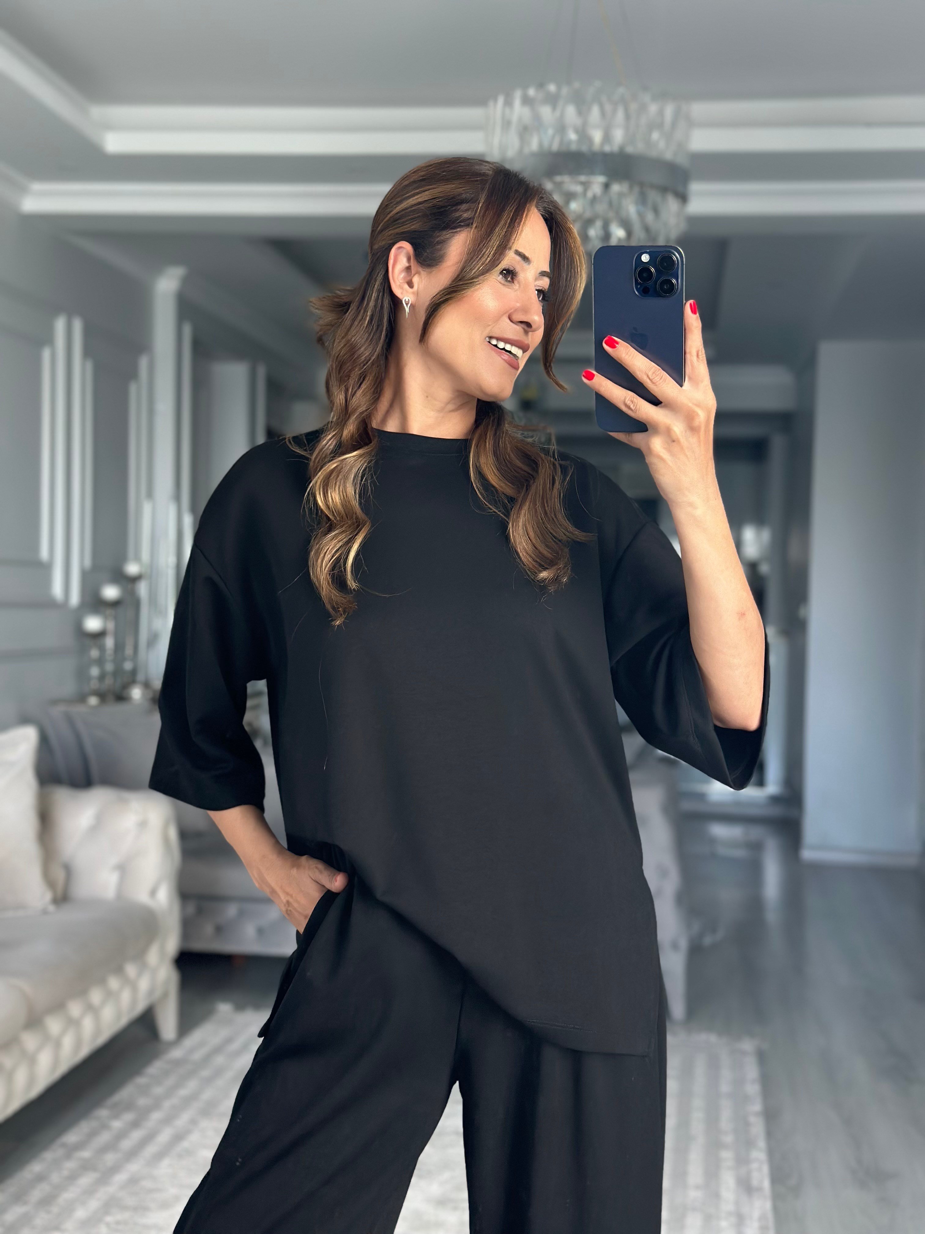 Siyah Fakir Kol Yırtmaçlı Oversize Modal Kadın İkili Takım