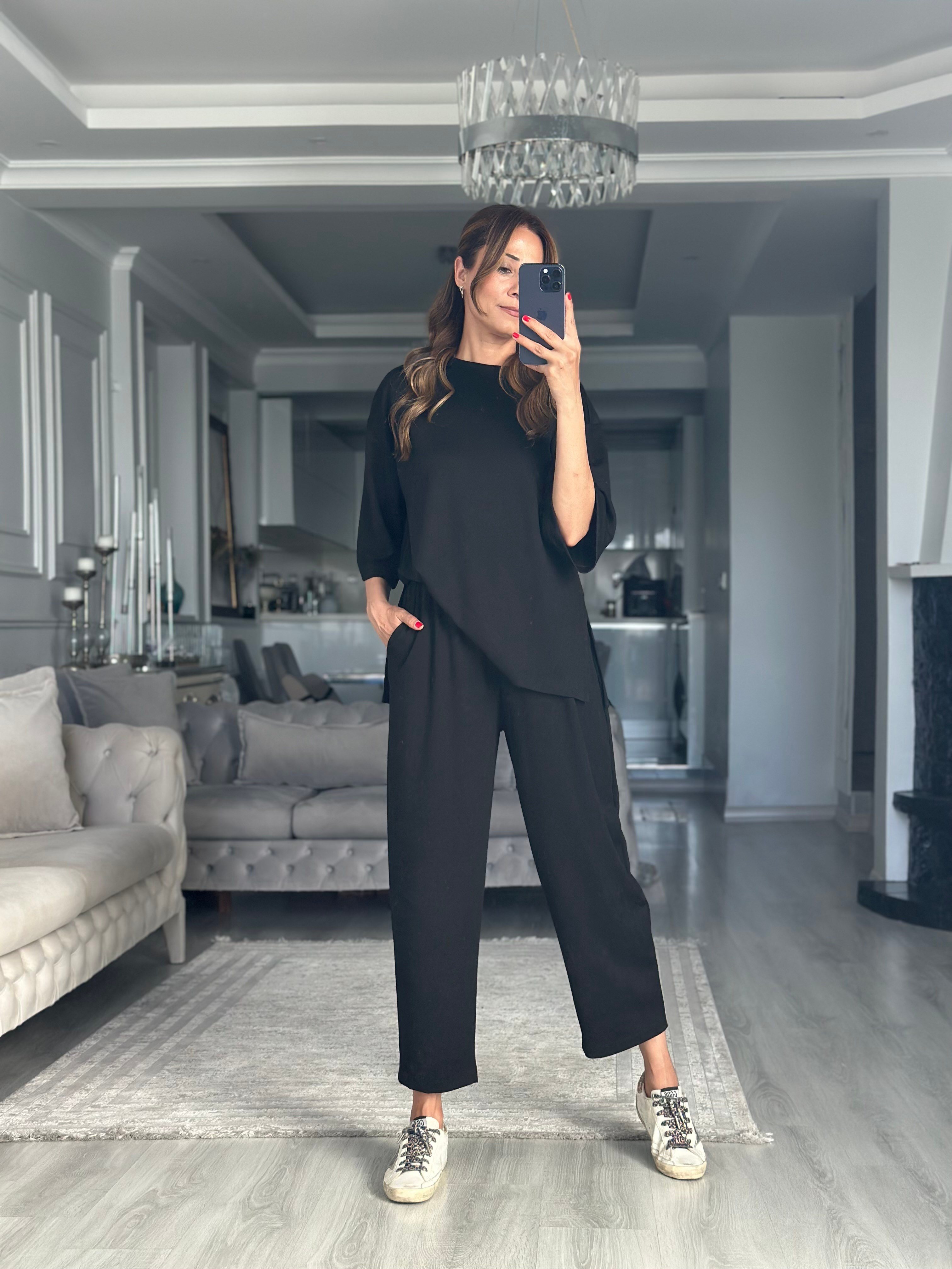 Siyah Fakir Kol Yırtmaçlı Oversize Modal Kadın İkili Takım
