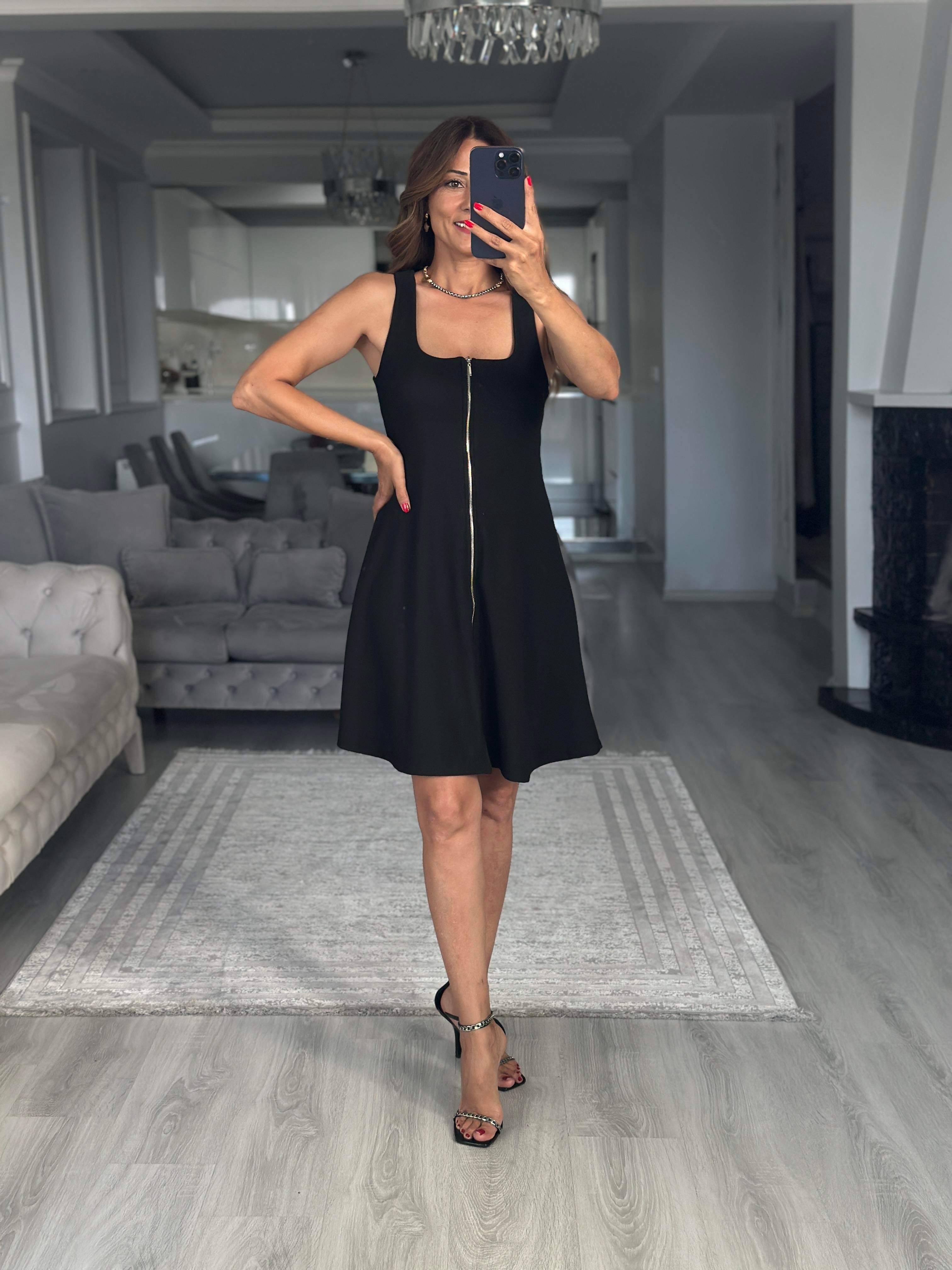 Siyah Fermuarlı Sıfır Kol Ottoman Kumaş Mini Kadın Elbise