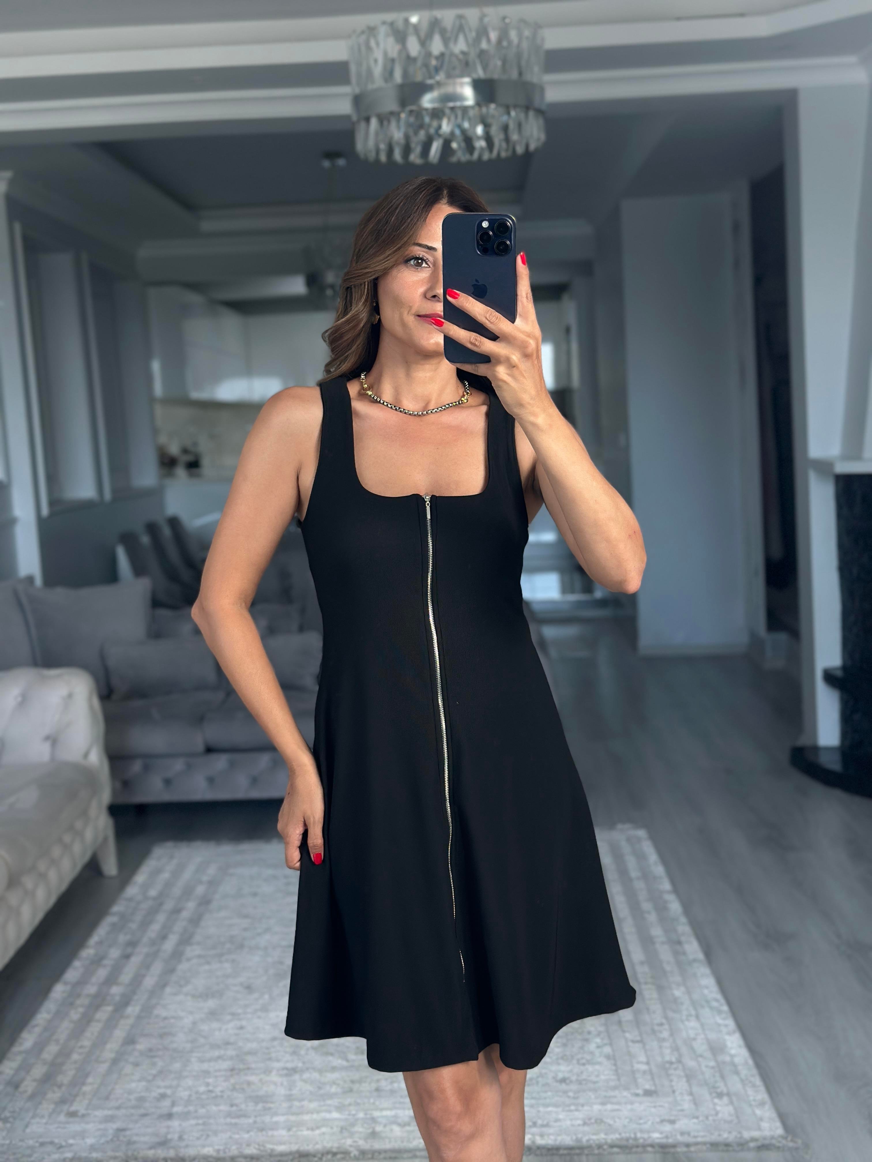 Siyah Fermuarlı Sıfır Kol Ottoman Kumaş Mini Kadın Elbise