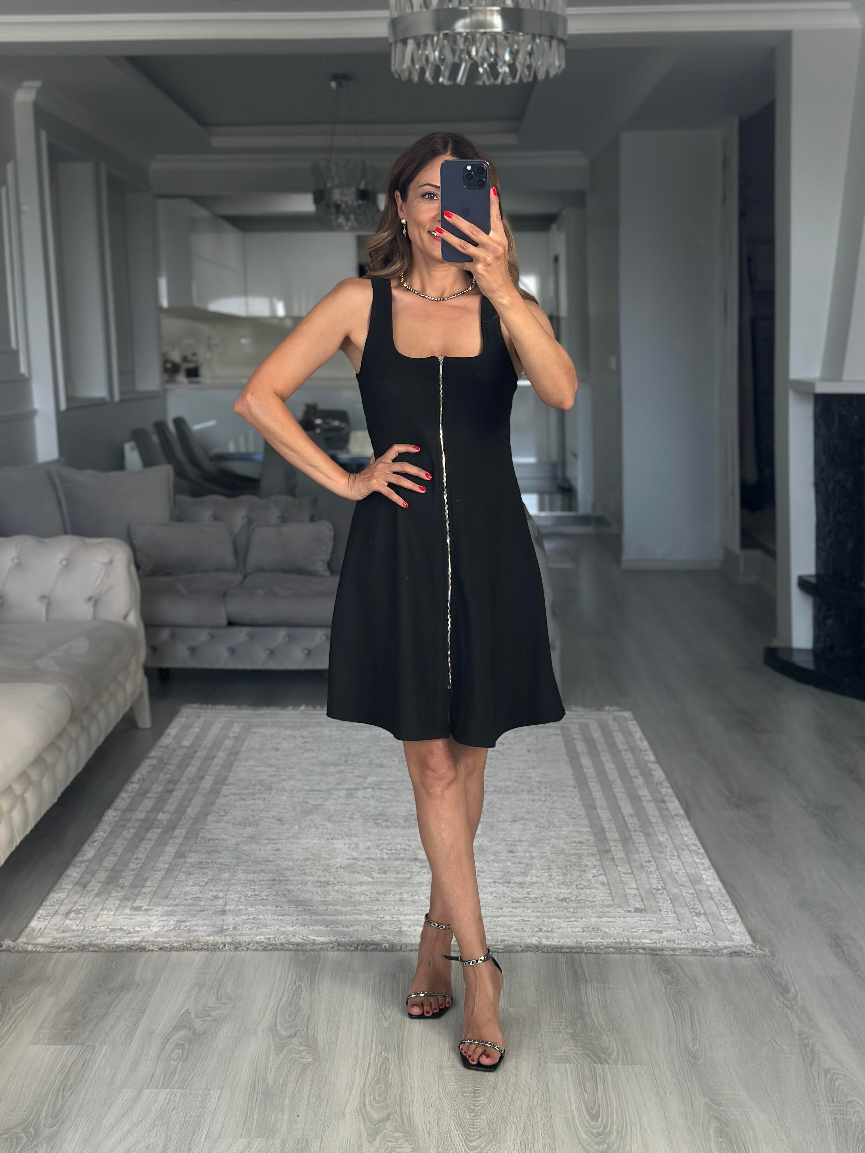 Siyah Fermuarlı Sıfır Kol Ottoman Kumaş Mini Kadın Elbise