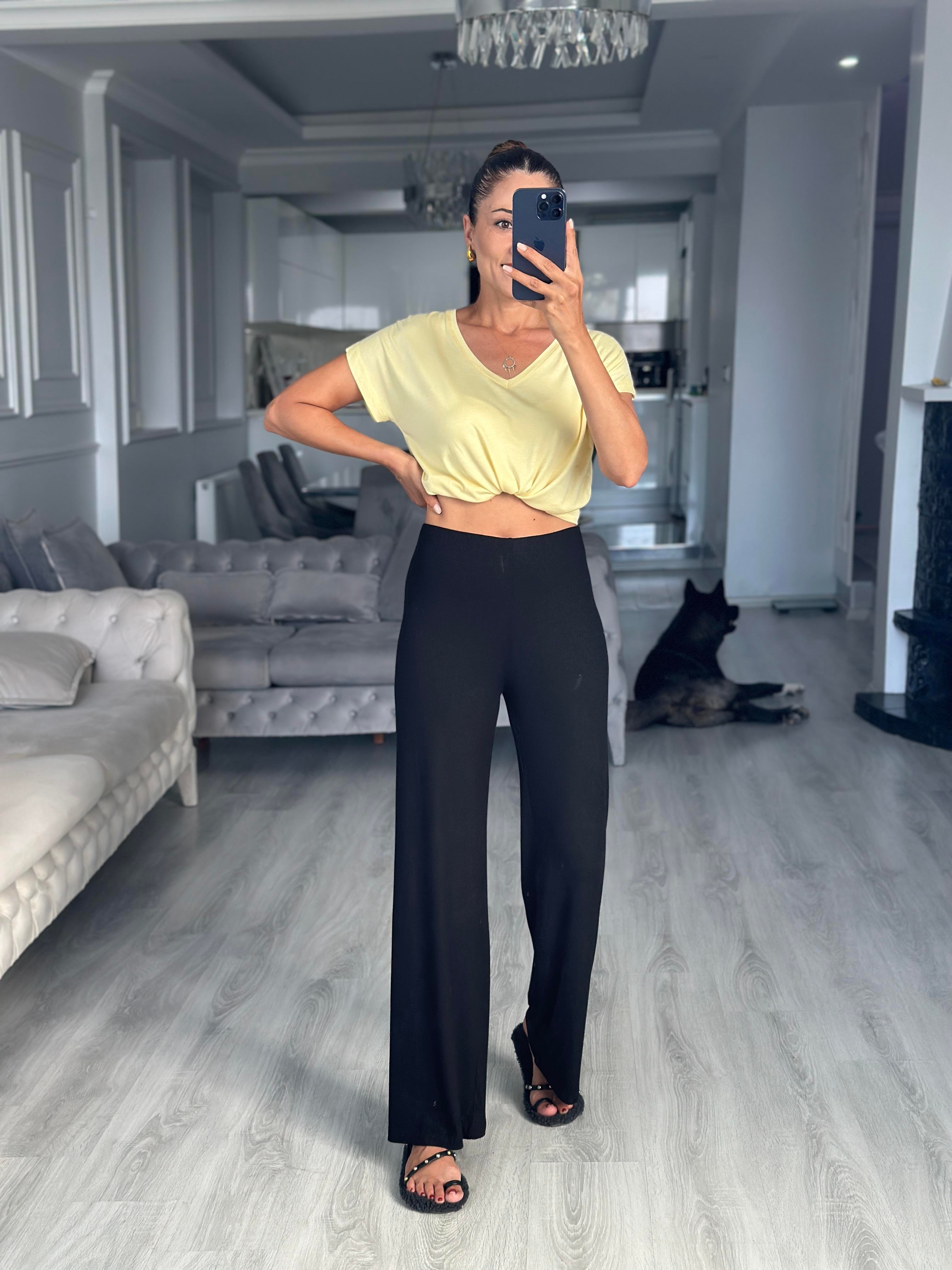 Siyah Fitilli Beli Lastikli Basic Kadın Pantolon