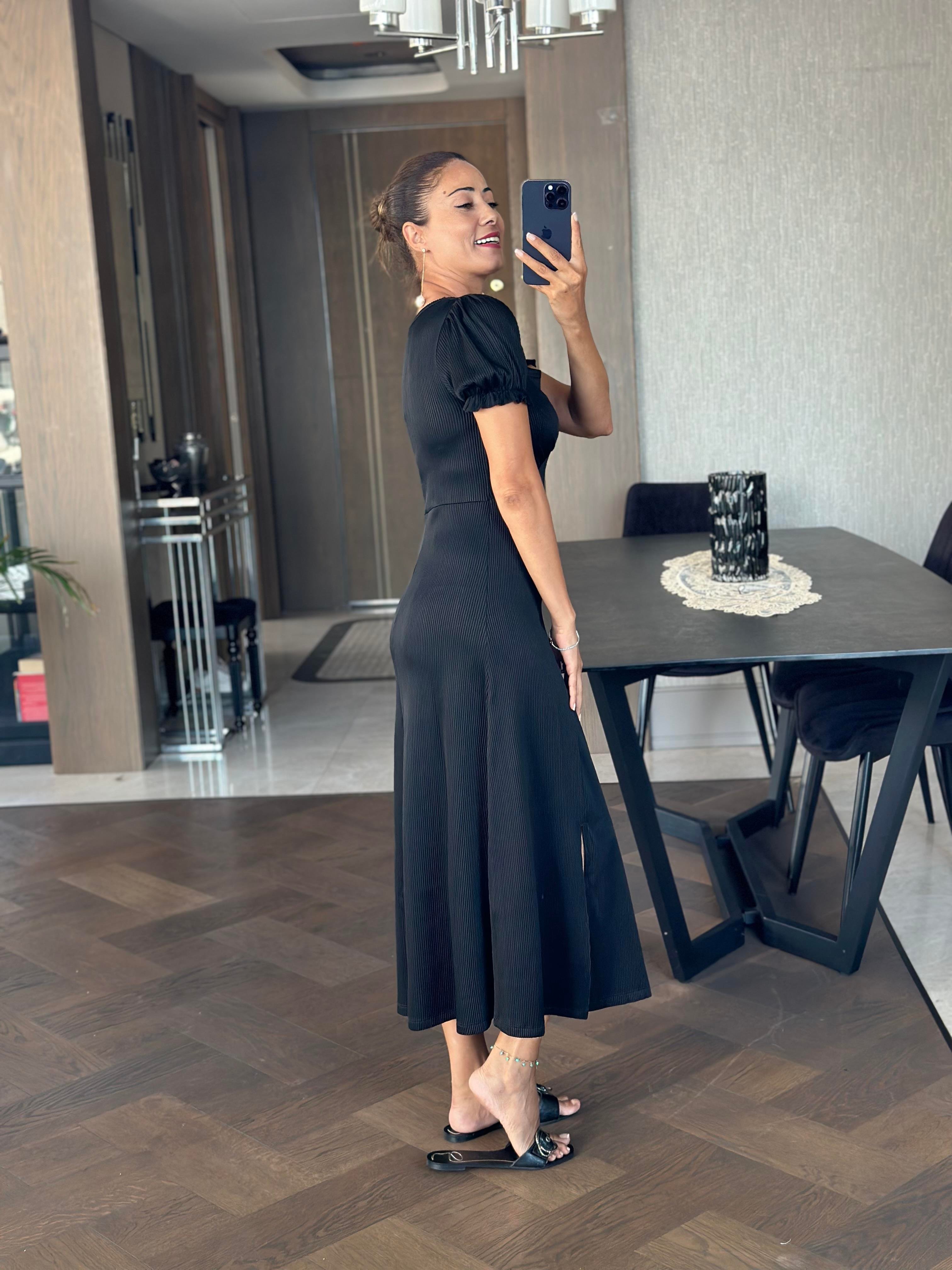 Siyah Fitilli Örme Kumaş Prenses Kol Yırtmaçlı Kadın Elbise