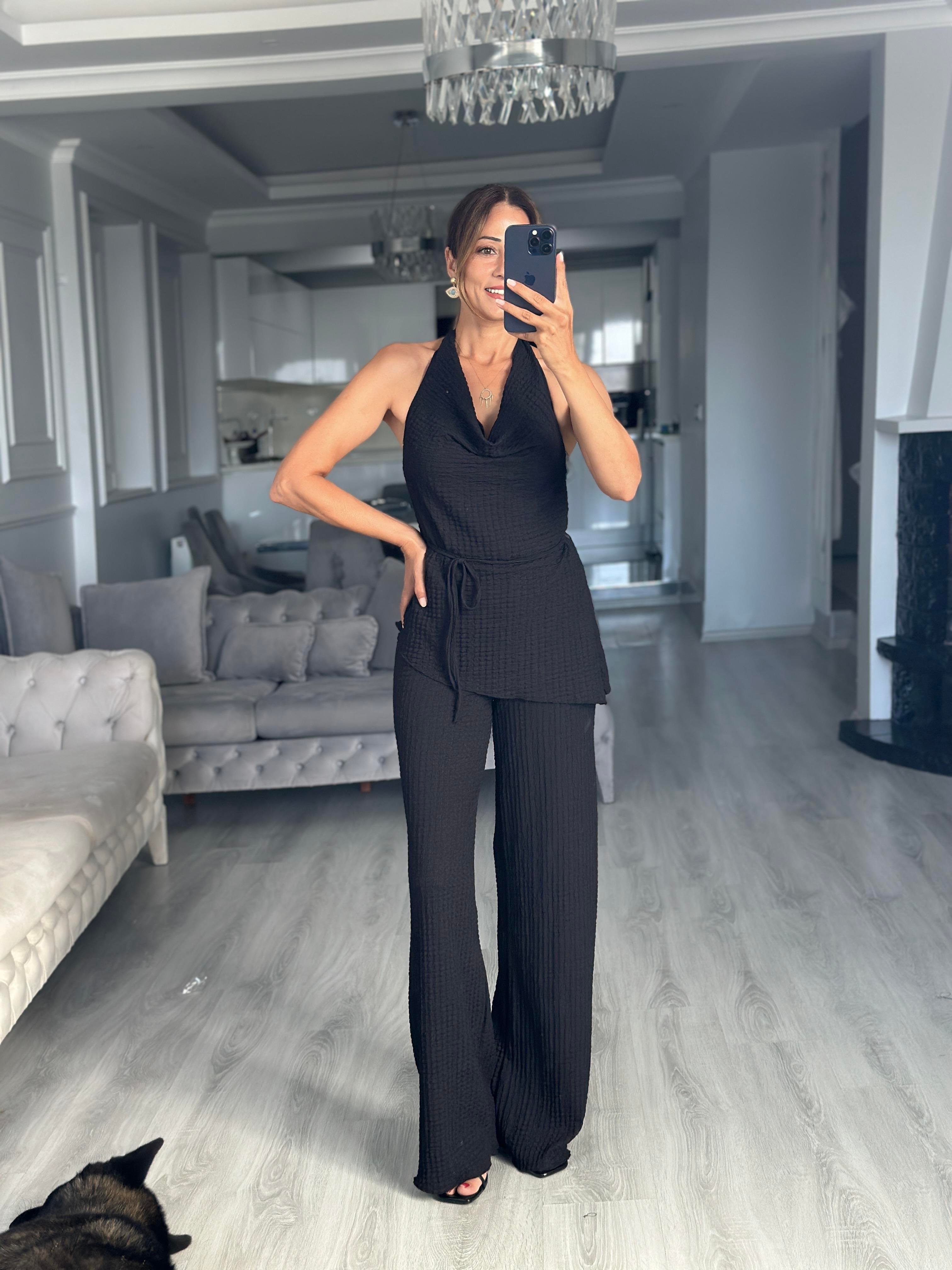 Siyah Gofre Degaje Yaka Bluz Pantolon Kadın Alt Üst Takım