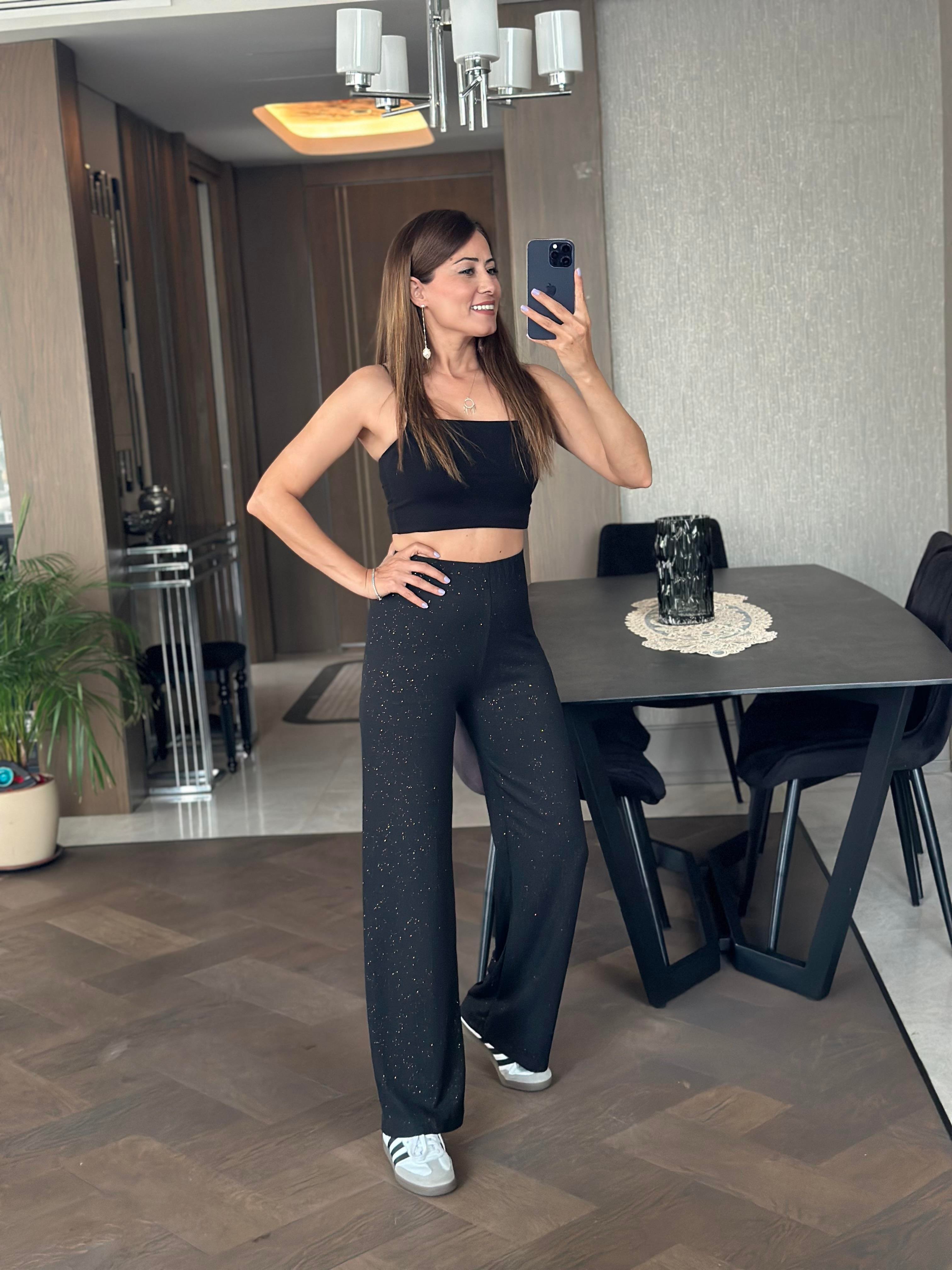 Siyah Gold Simli Beli Lastikli Bürümcük Kadın Pantolon