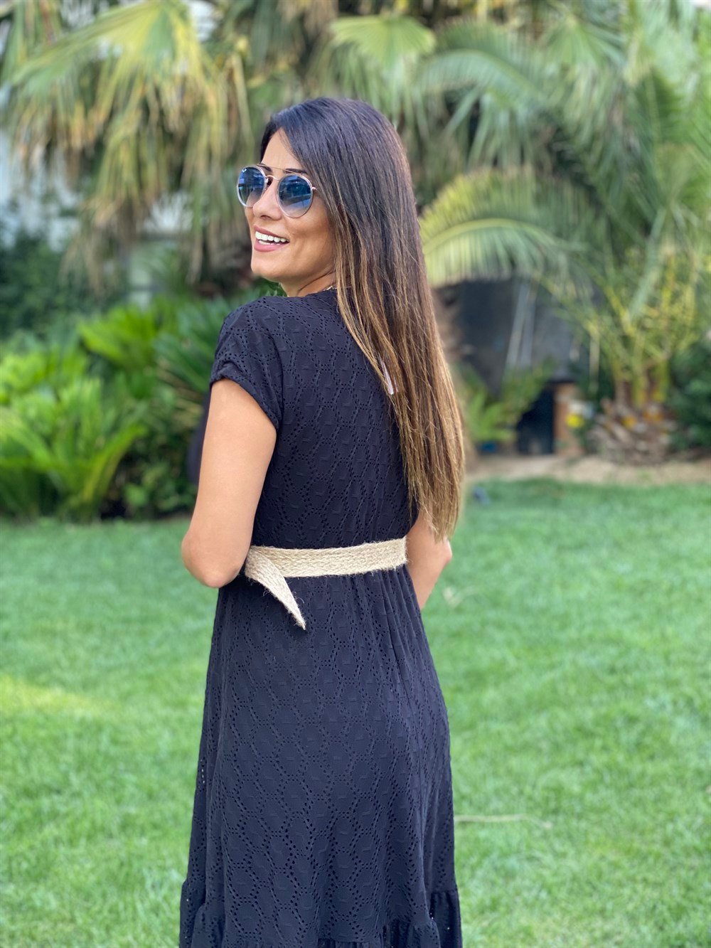 Siyah Hasır Kemerli Anvelop Örme Brode Kadın Elbise