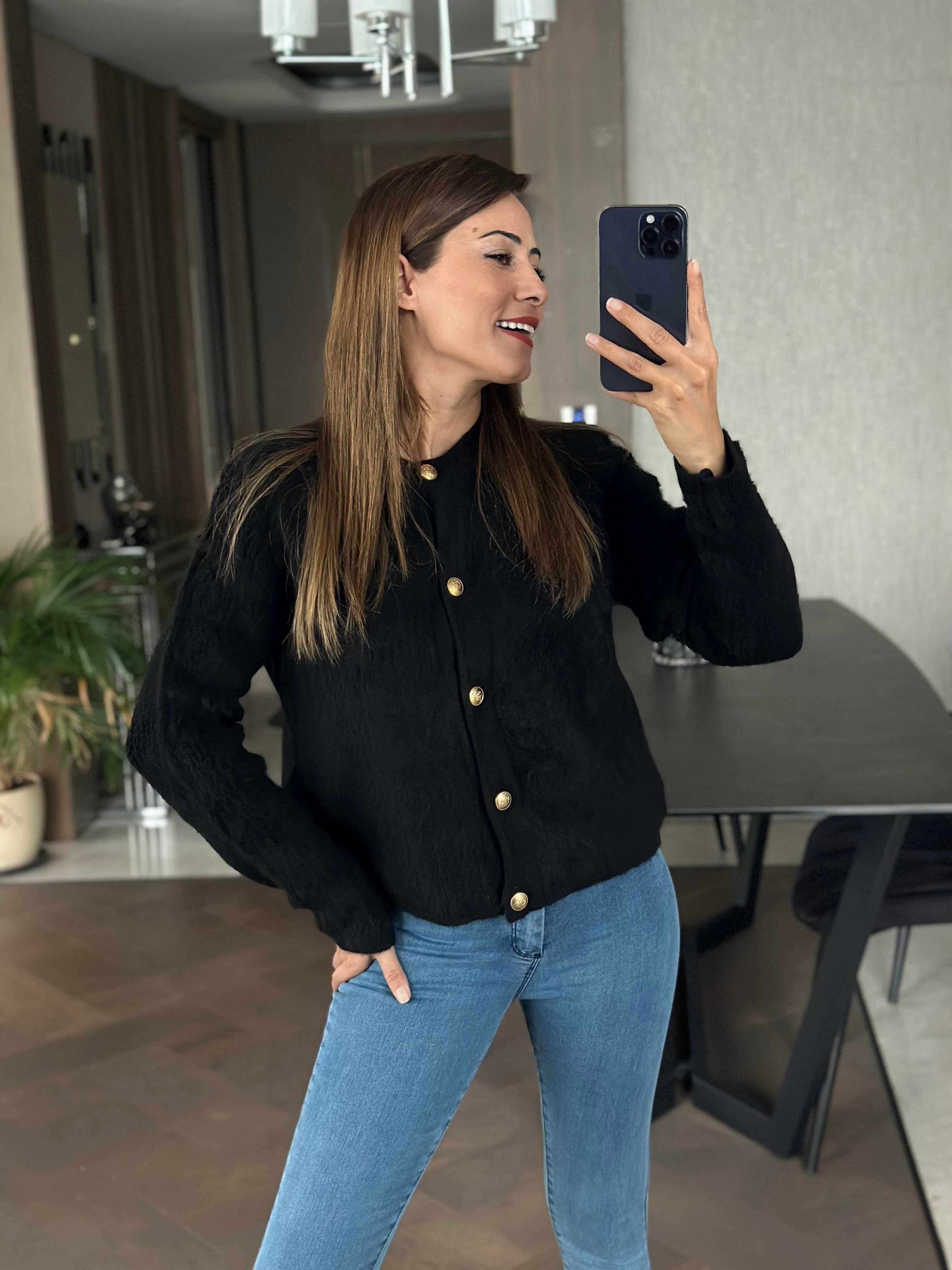 Siyah Havlu Örgü Teddy Kadın Hırka
