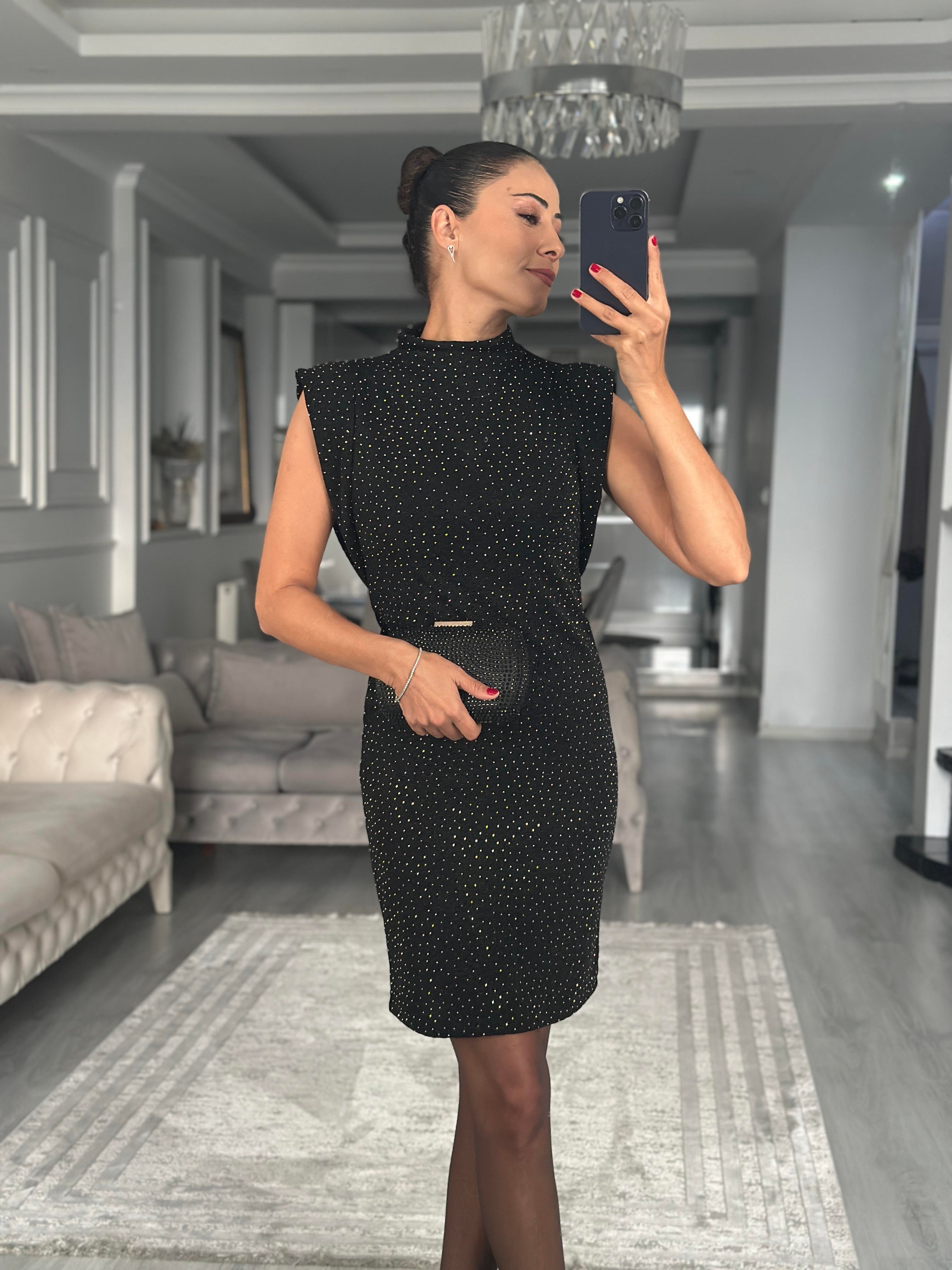 Siyah Işıltılı Dik Yaka Sıfır Kol Kadın Mini Elbise 