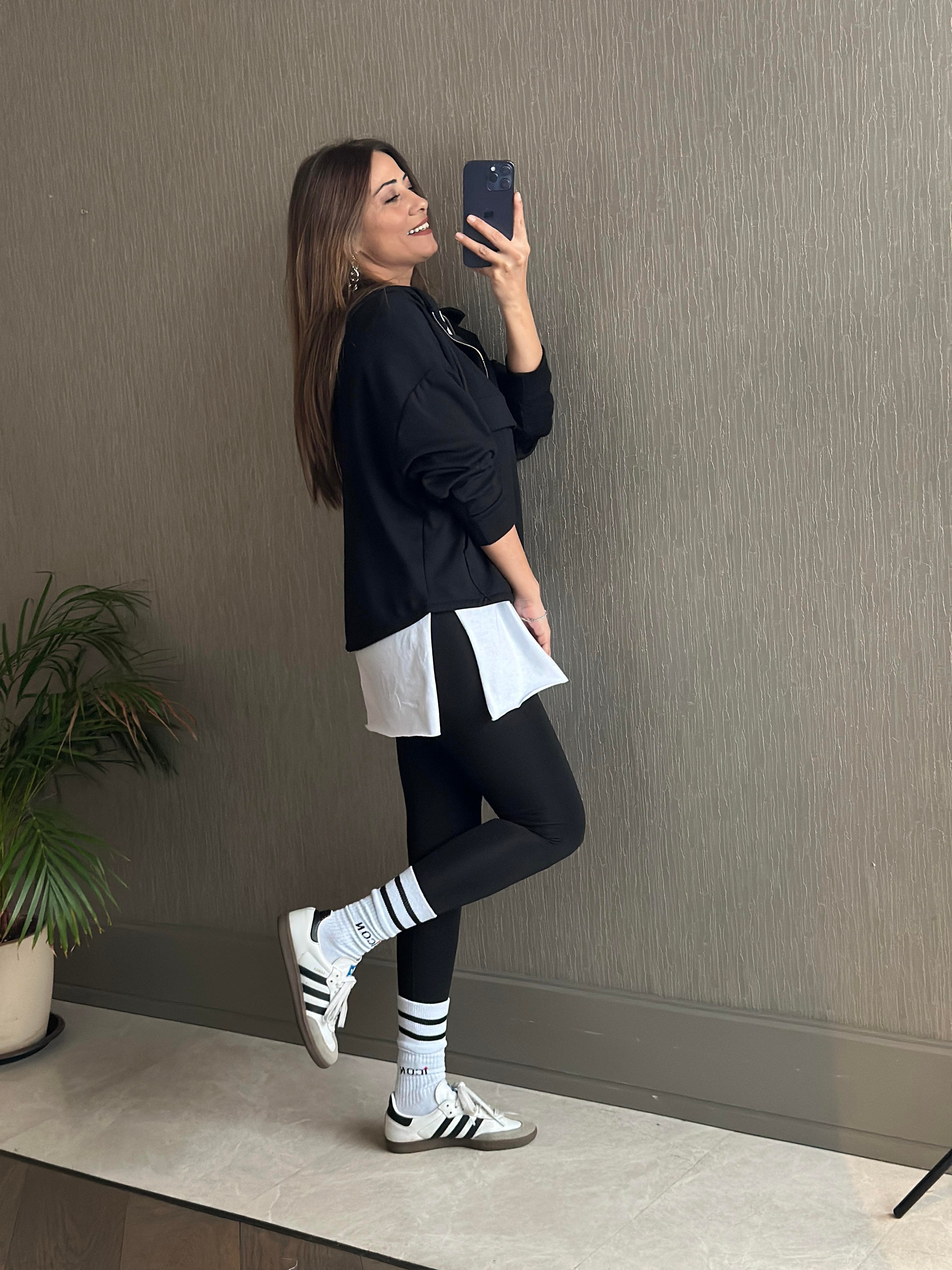Siyah Kapüşonlu Yarım Fermuarlı Kanguru Cep Modal Kadın Sweatshirt