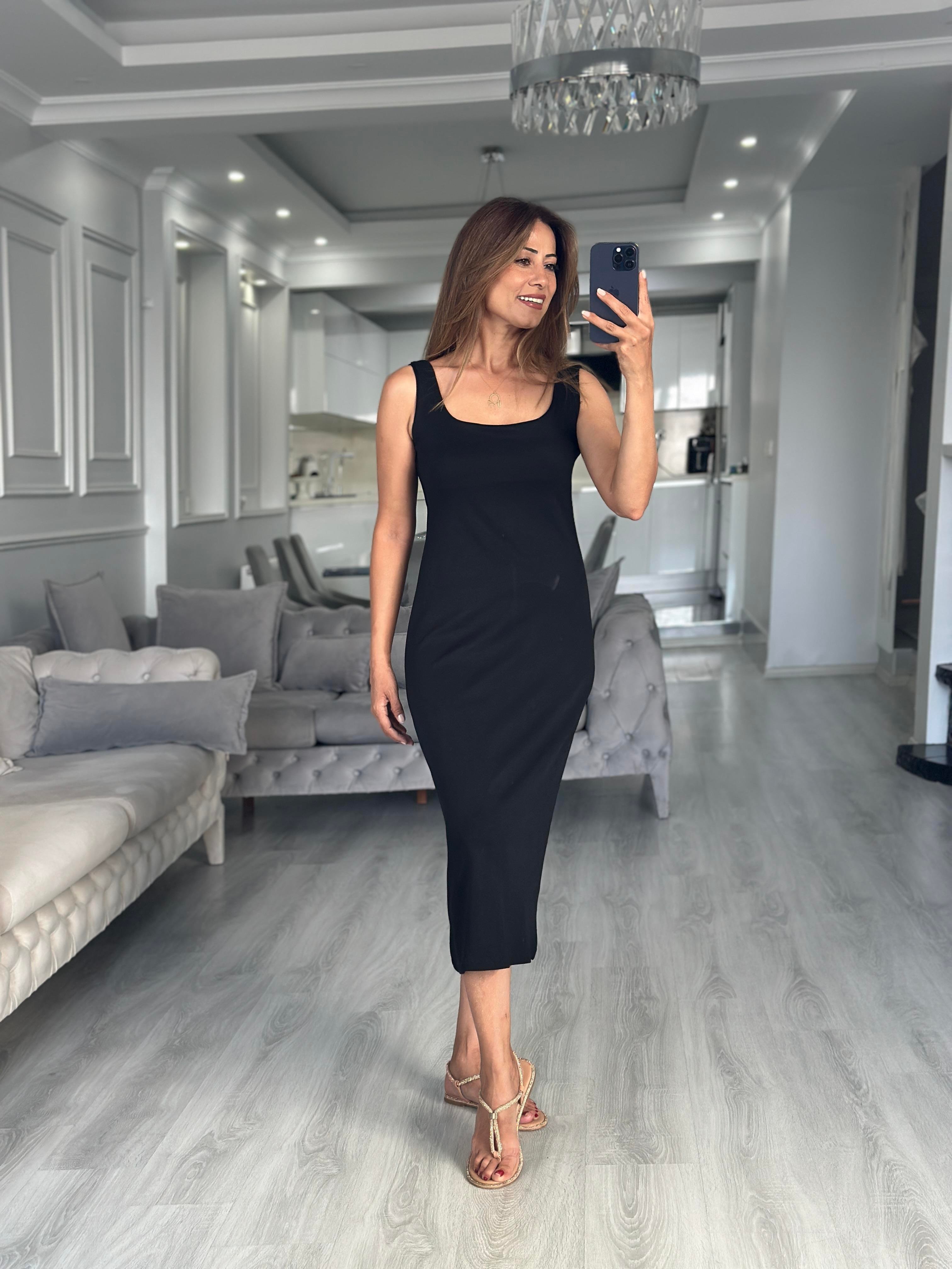 Siyah Kare Yaka Düz Basic Midi Boy Kadın Elbise 