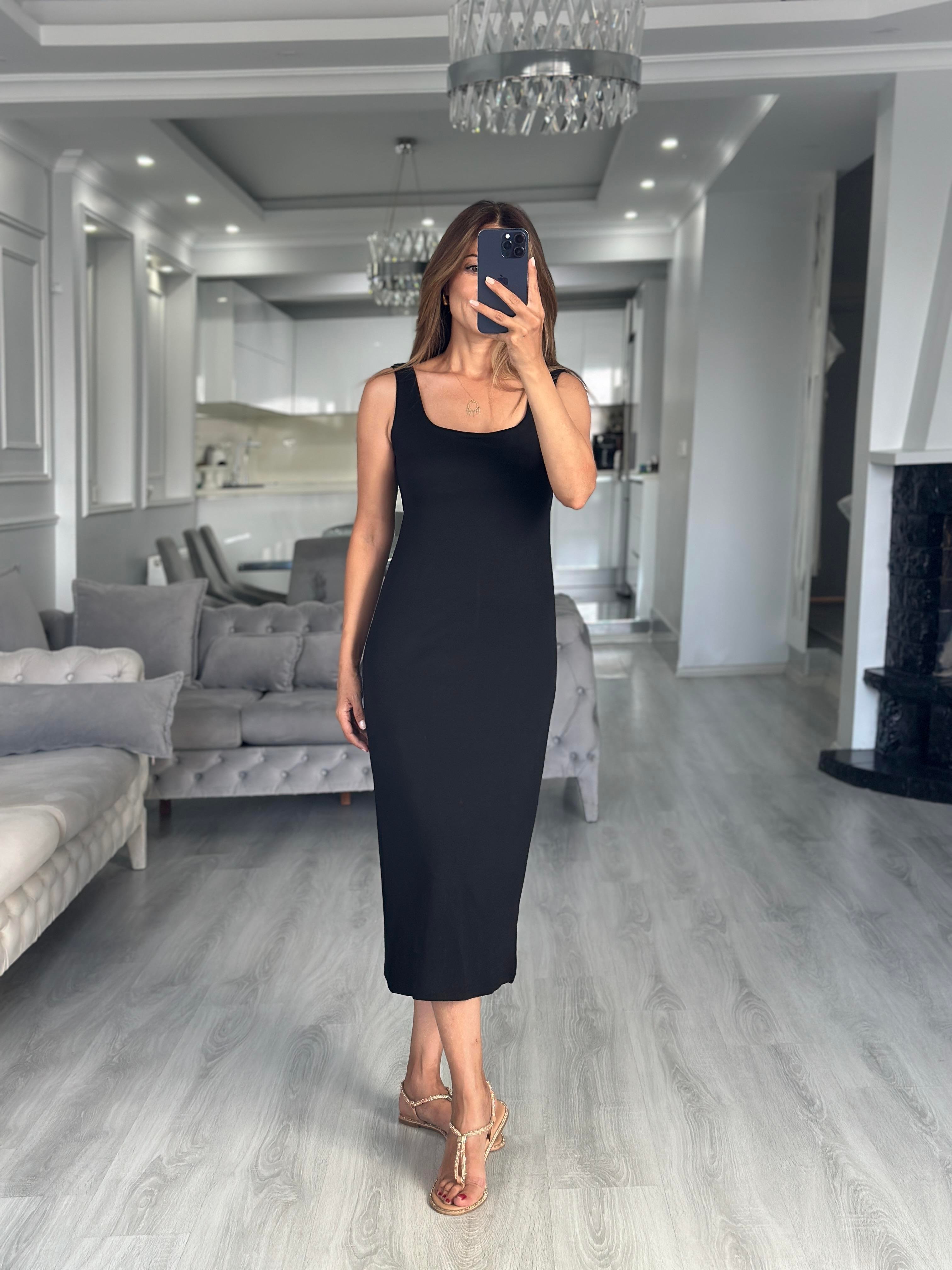 Siyah Kare Yaka Düz Basic Midi Boy Kadın Elbise 