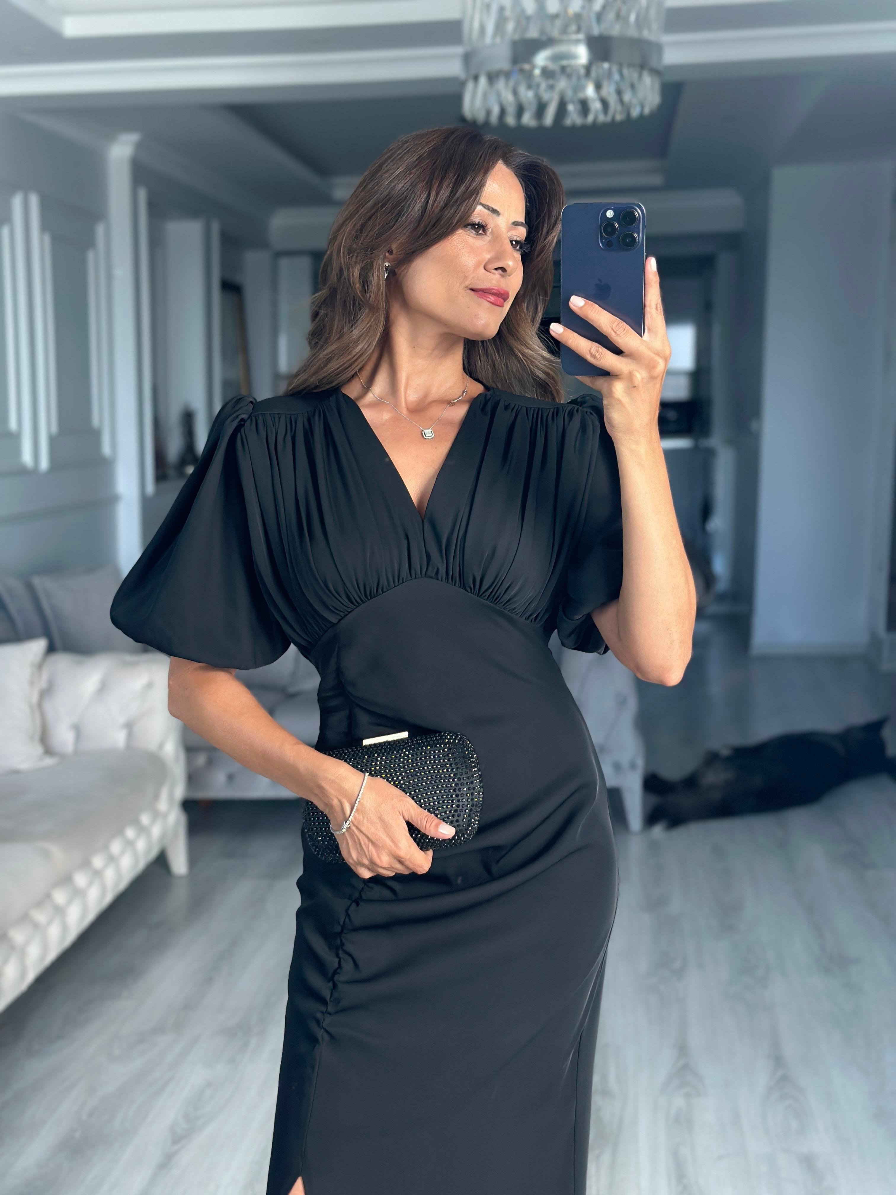 Siyah Karpuz Kol Vatkalı Drape Detaylı Midi Boy Kadın Elbise