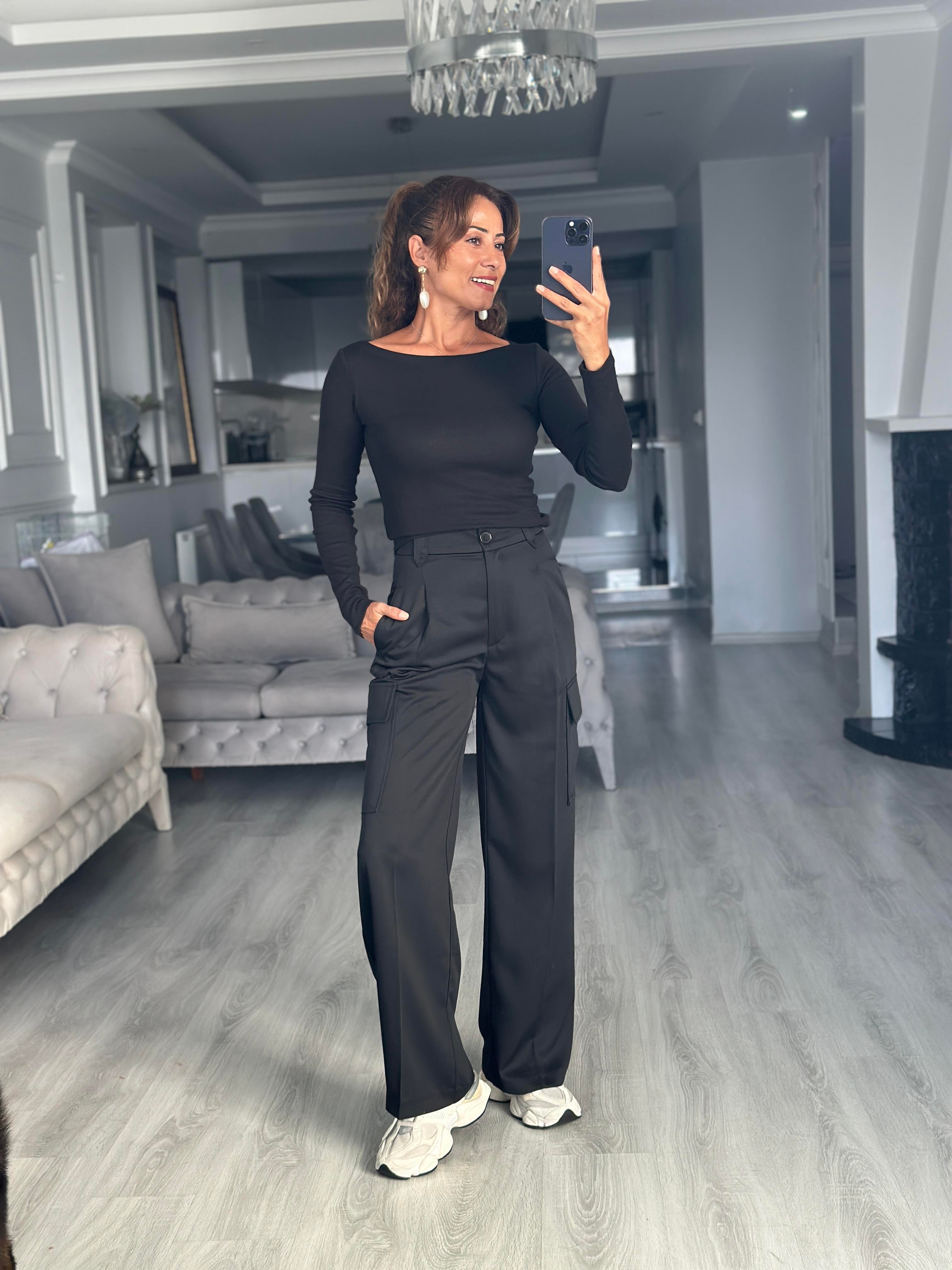 Siyah Kayık Yaka Uzun Kollu Top Kadın Bluz