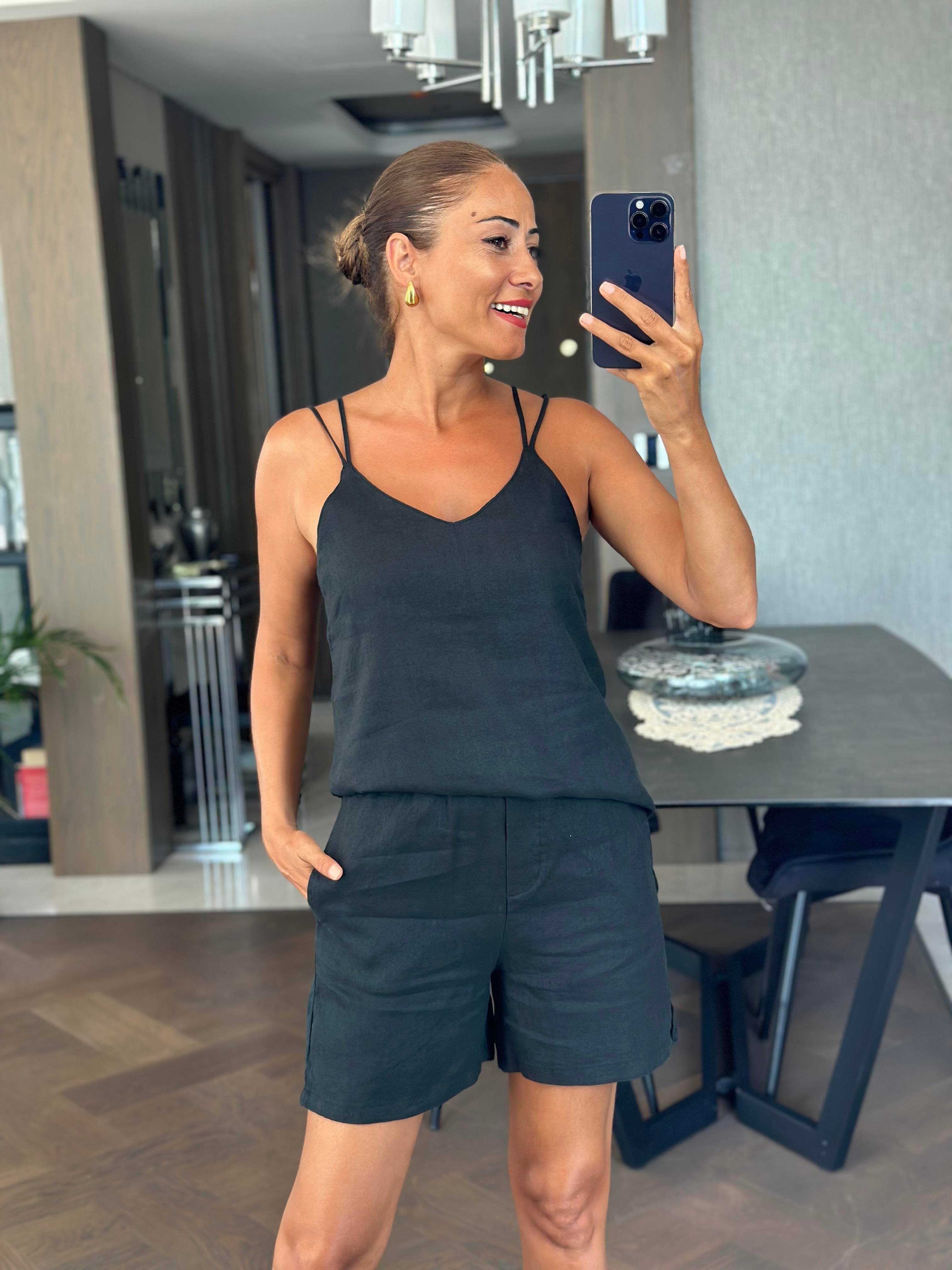 Siyah Keten Çift Askılı Bluz Şort Kadın Alt Üst Takım