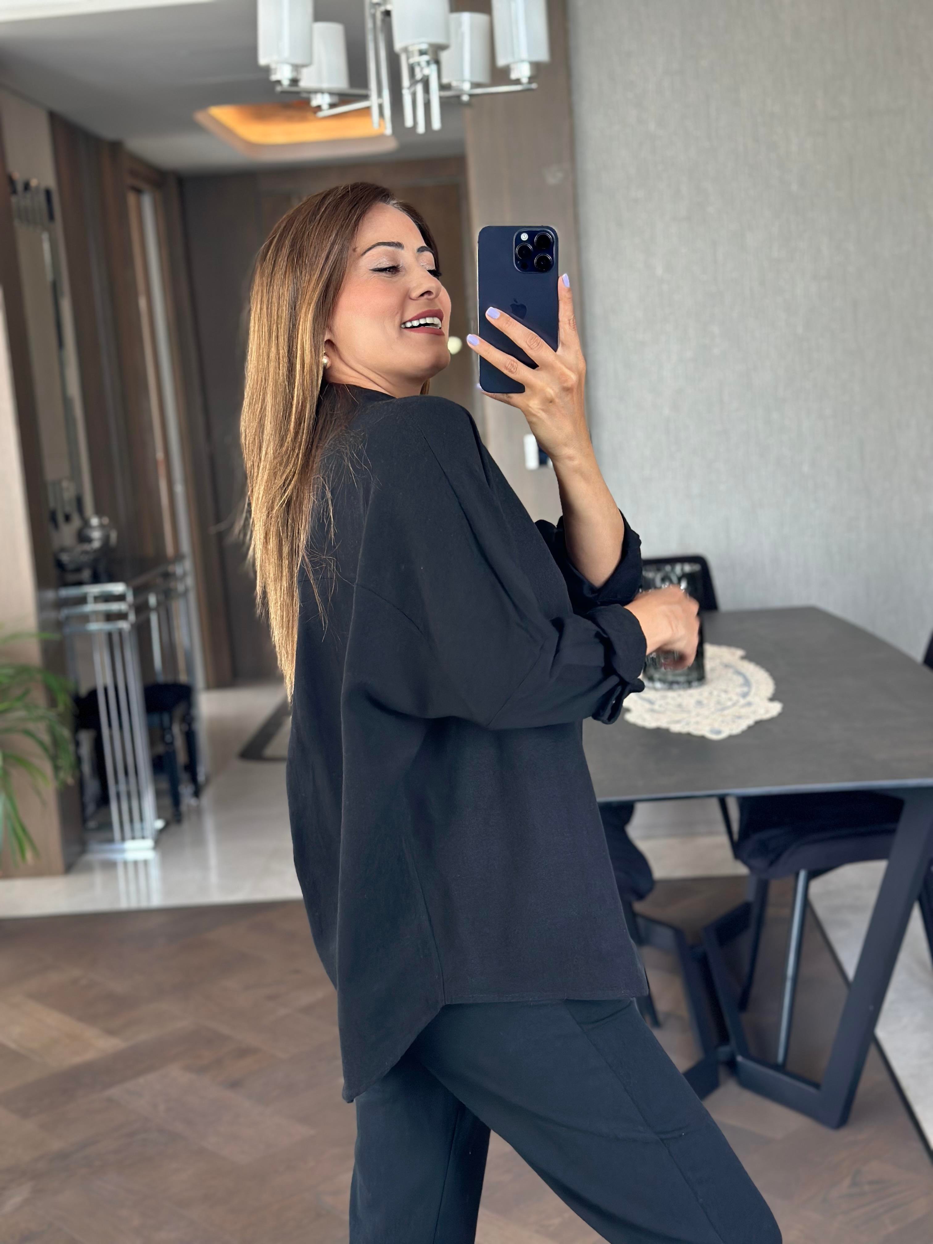 Siyah Keten Oversize Kadın Gömlek