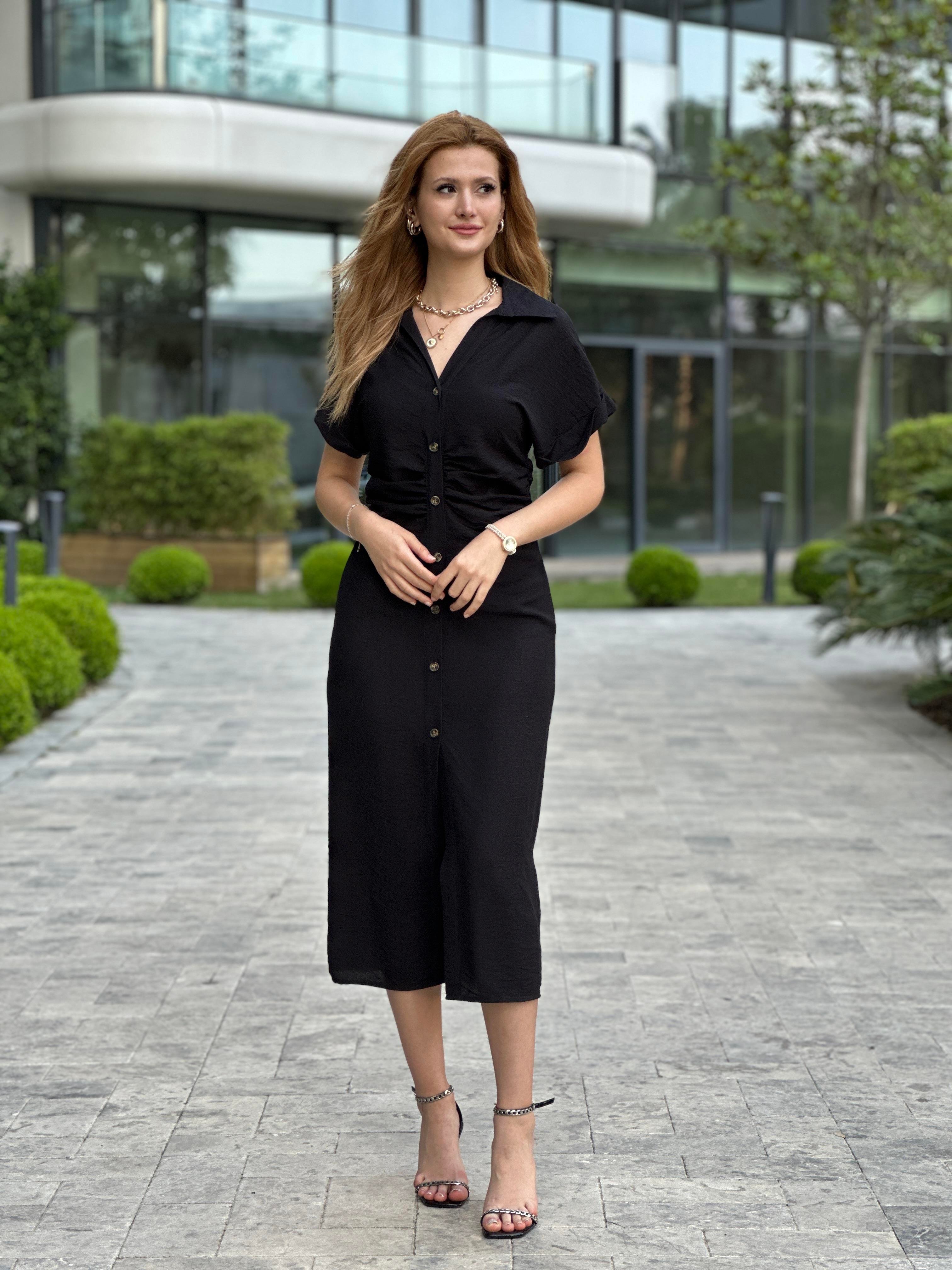 Siyah Kısa Kol Beli Drapeli Kadın Gömlek Elbise