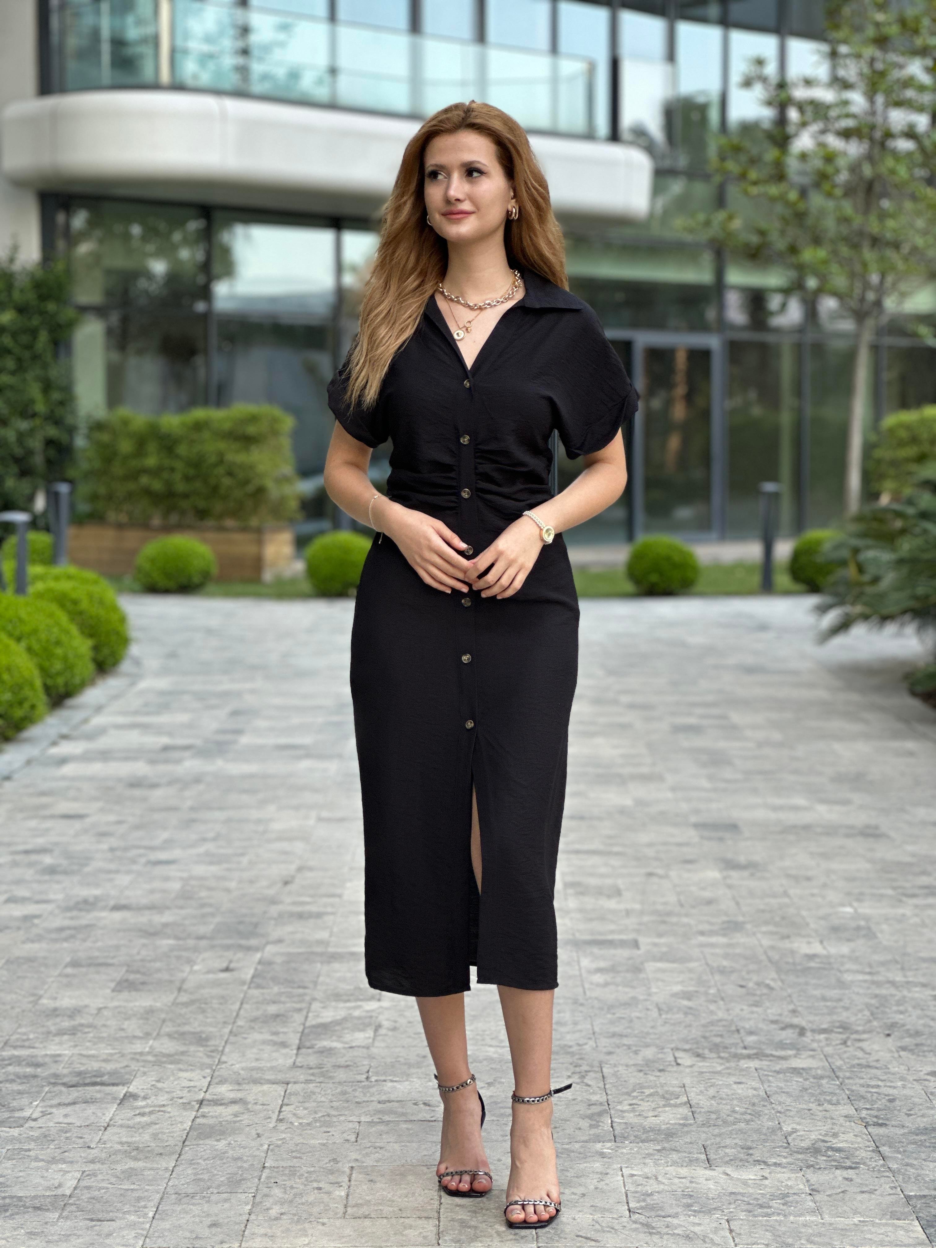 Siyah Kısa Kol Beli Drapeli Kadın Gömlek Elbise