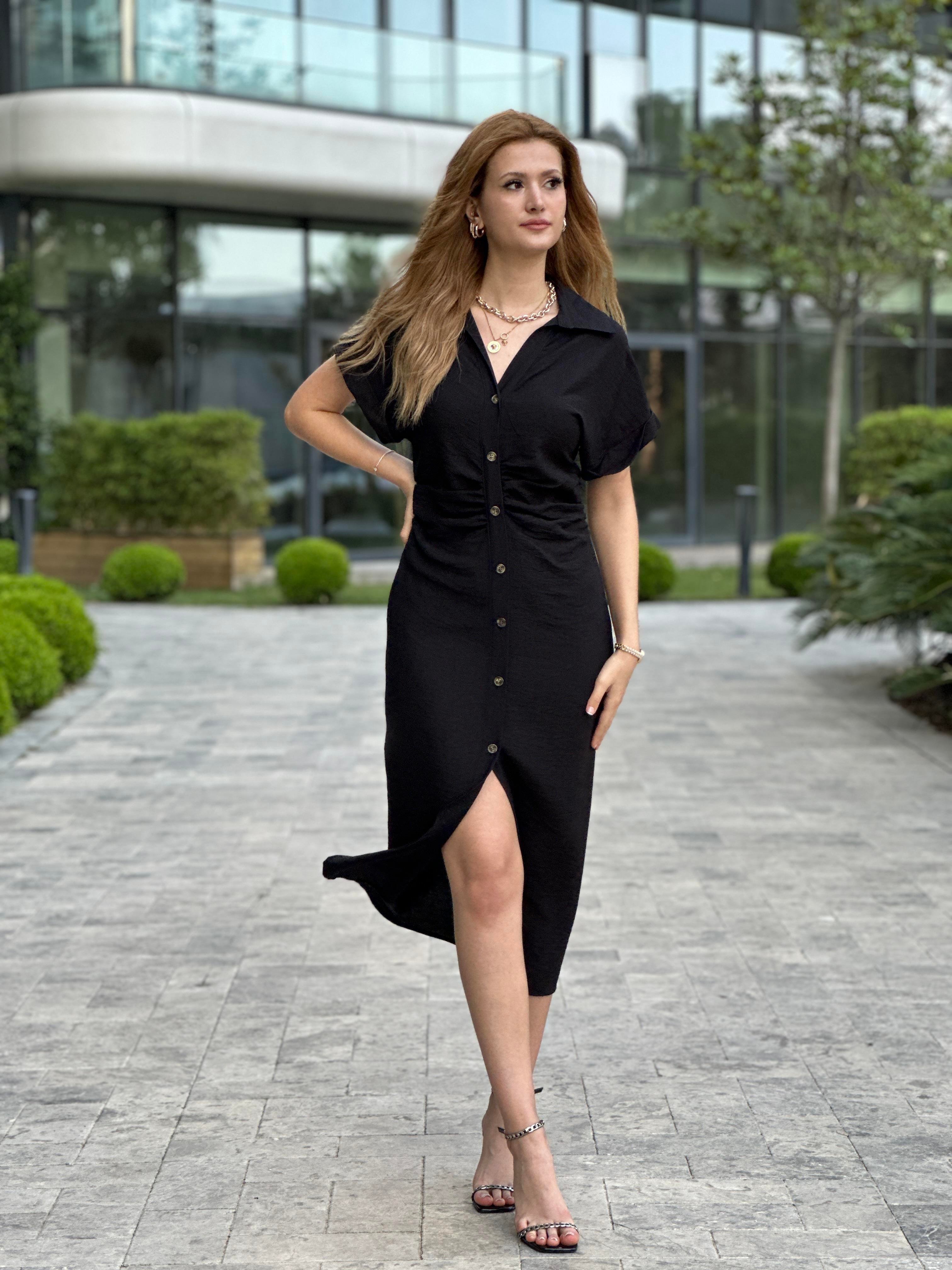 Siyah Kısa Kol Beli Drapeli Kadın Gömlek Elbise