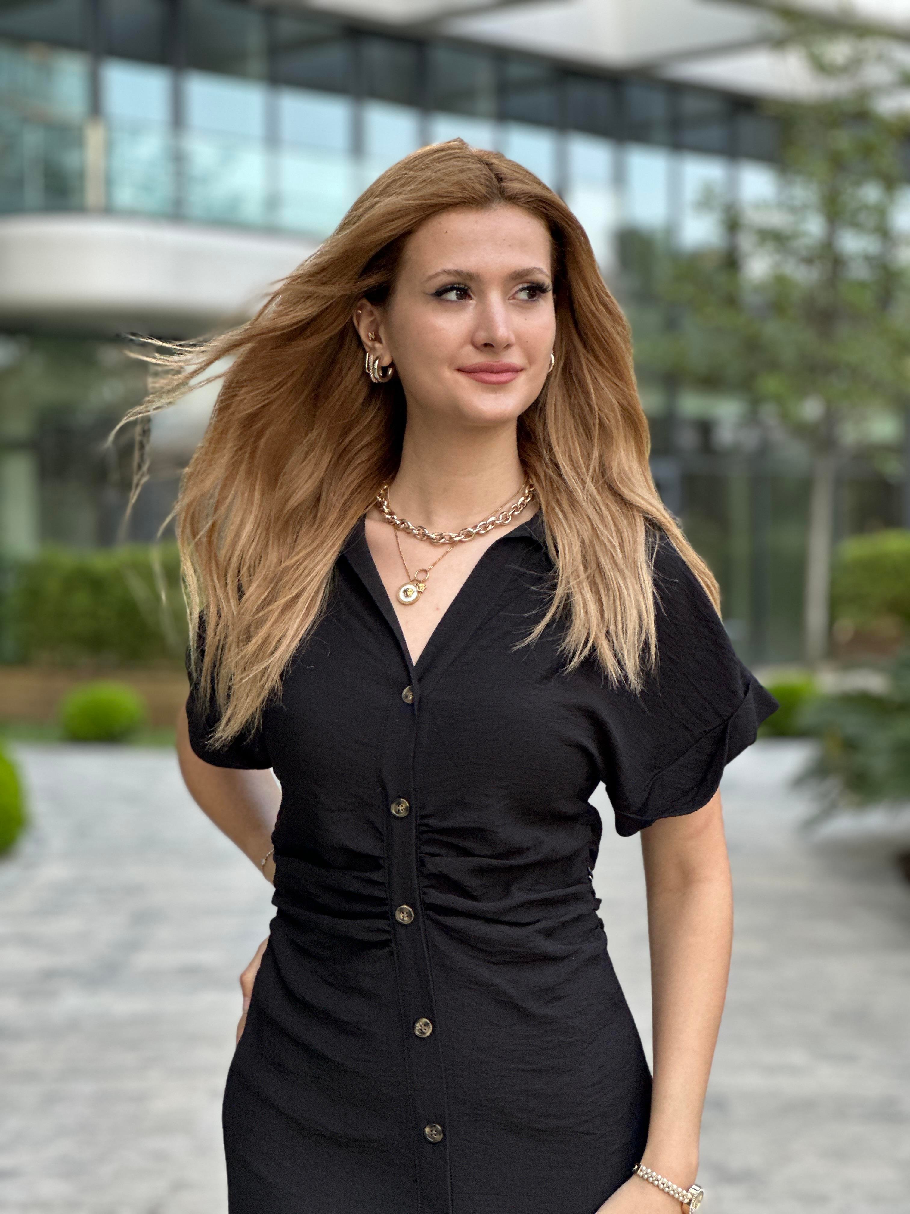 Siyah Kısa Kol Beli Drapeli Kadın Gömlek Elbise