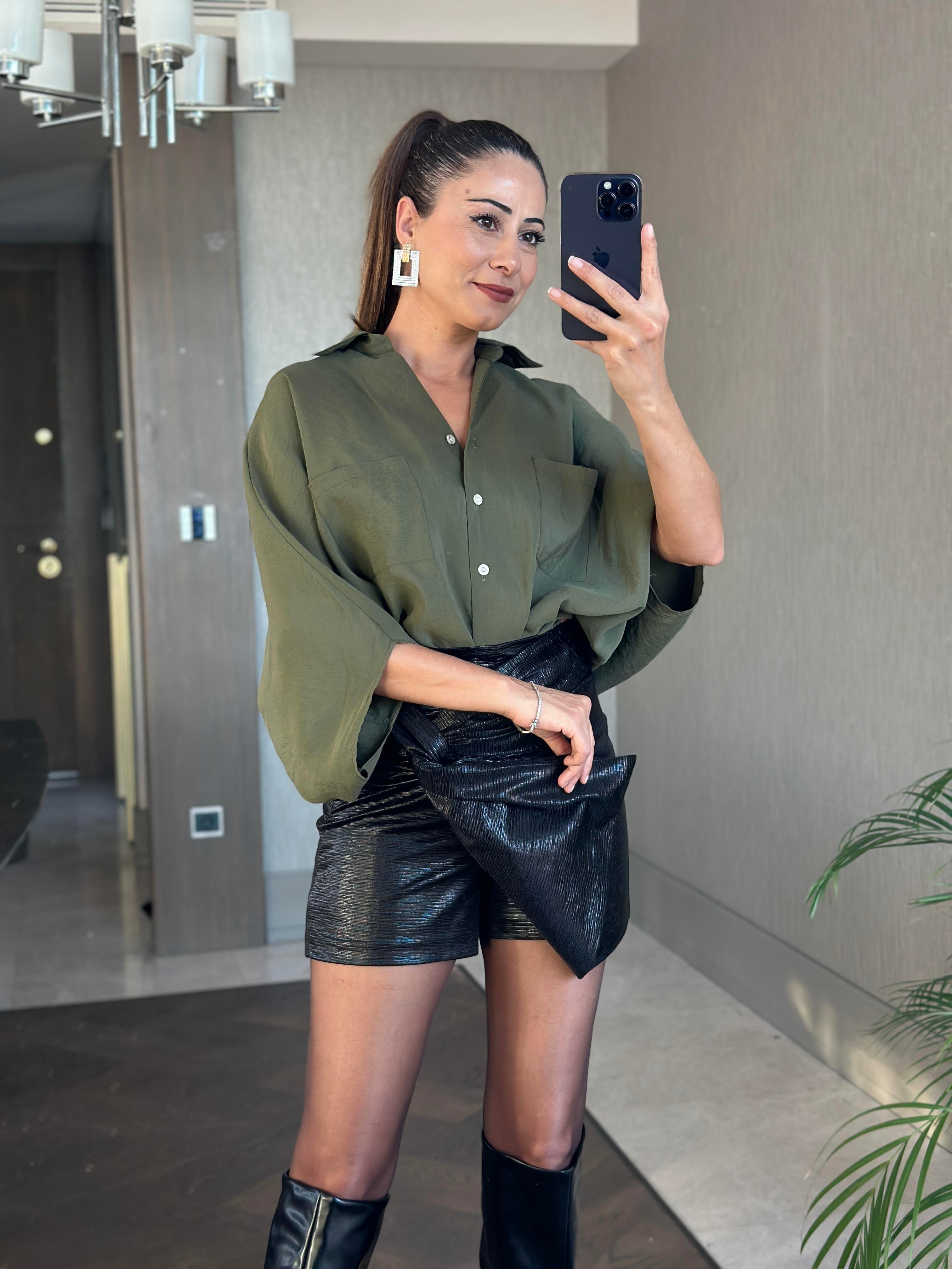 Siyah  Lame Düğümlü Kadın Şort Etek