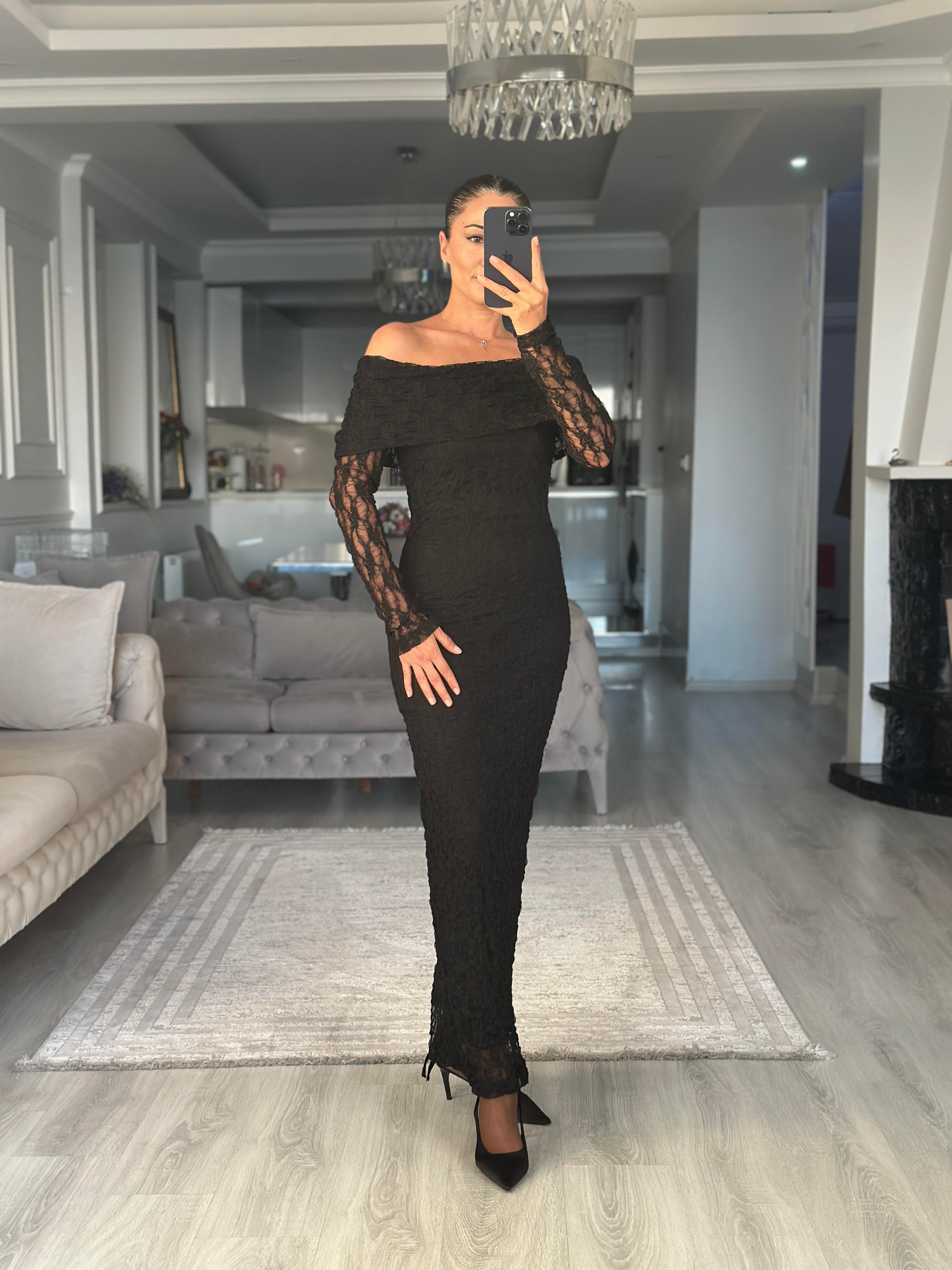 Siyah Madonna Yaka Dantel Maksi Boy Kadın Elbise