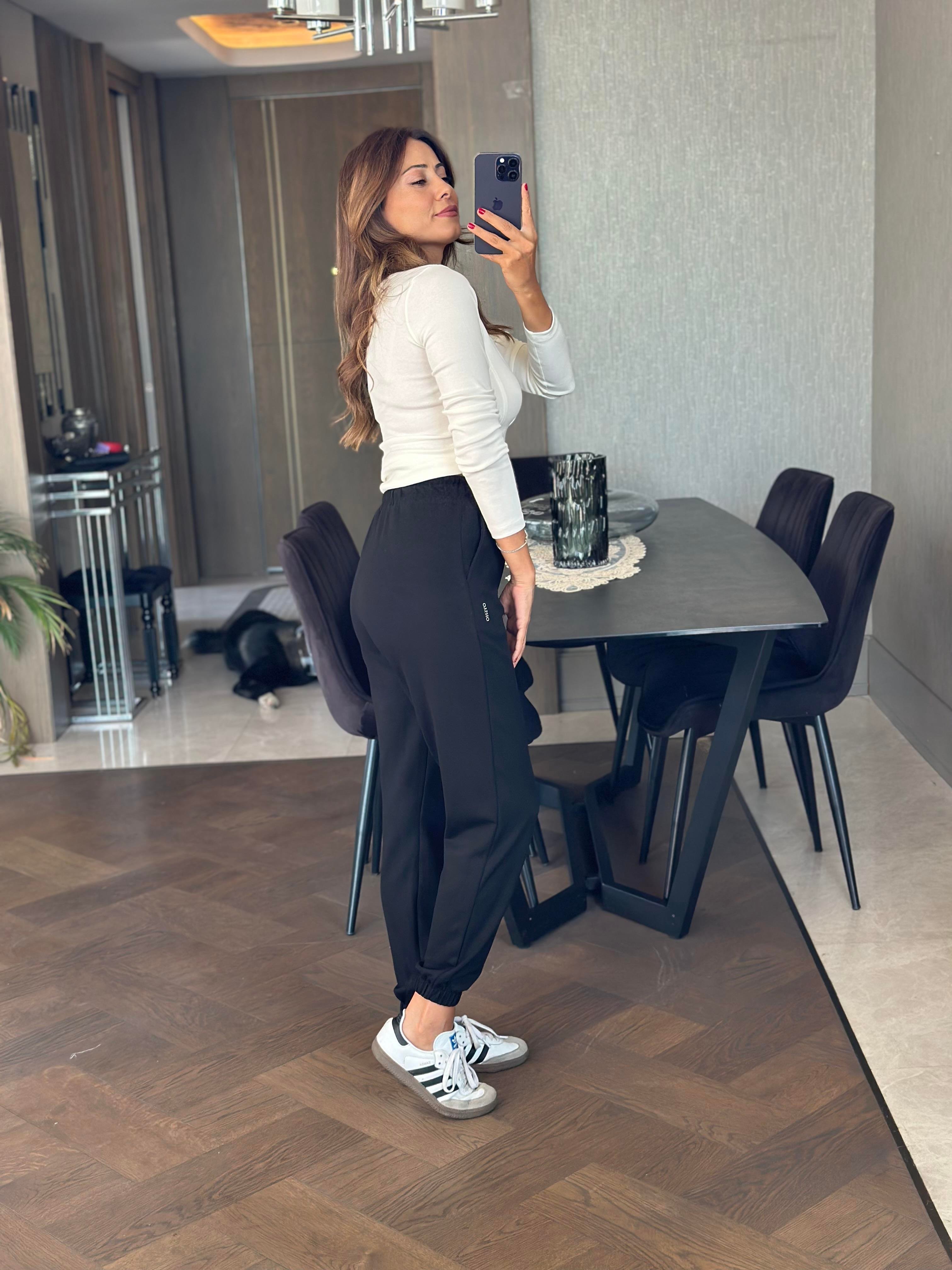 Siyah Modal Oysh Paçası Lastikli Kadın Eşofman Altı