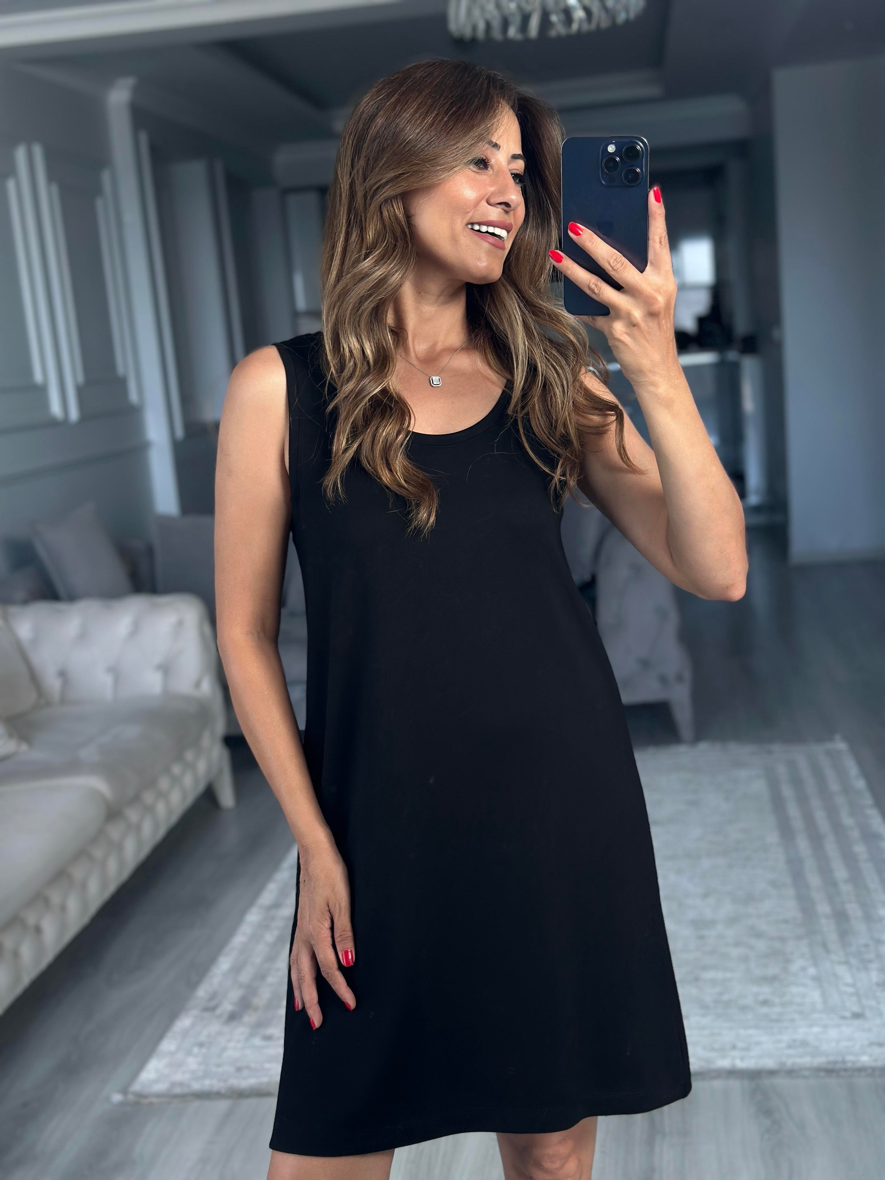 Siyah Ön Arka U Yaka  Basic Mini Kadın Elbise