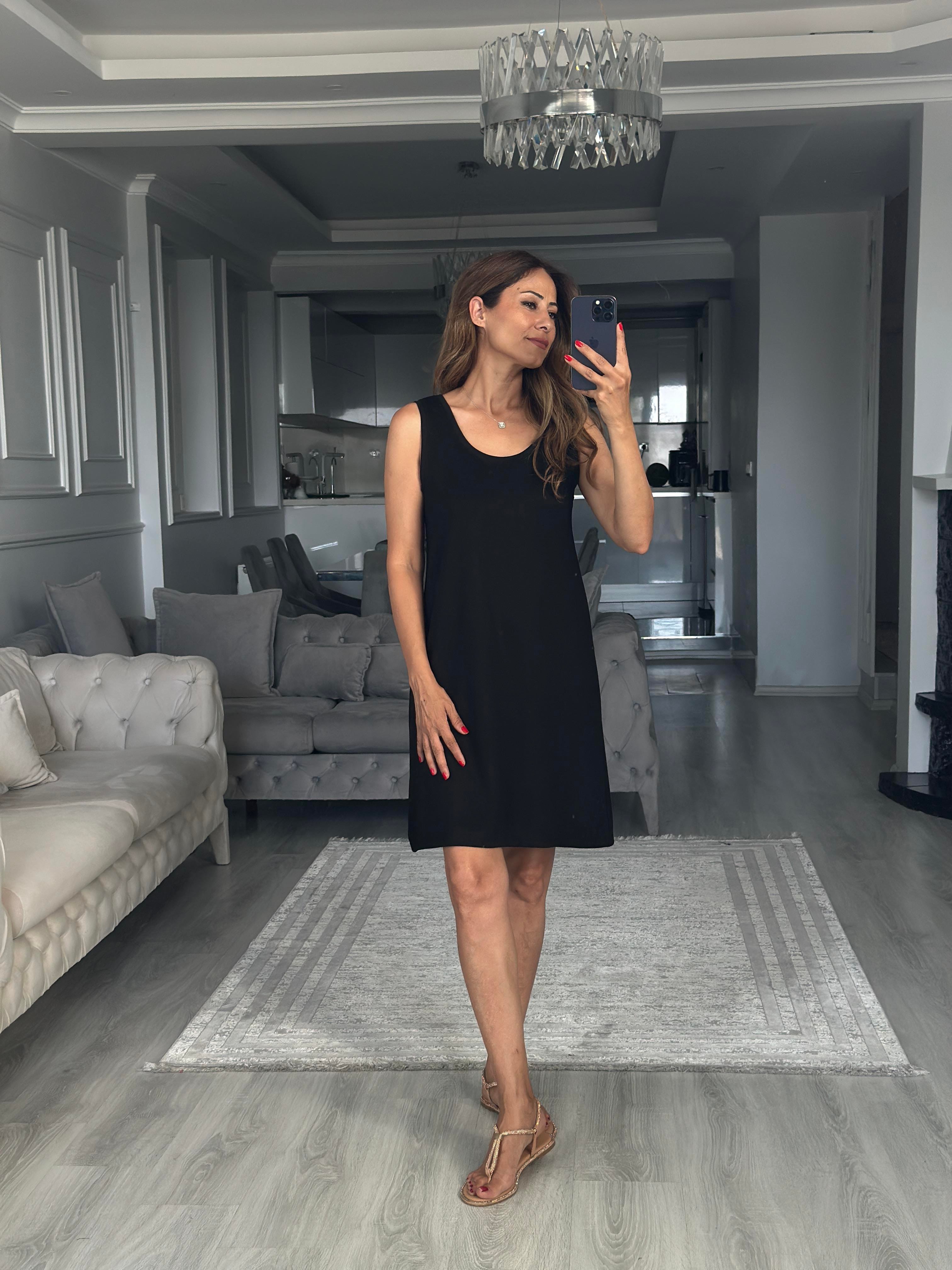 Siyah Ön Arka U Yaka  Basic Mini Kadın Elbise