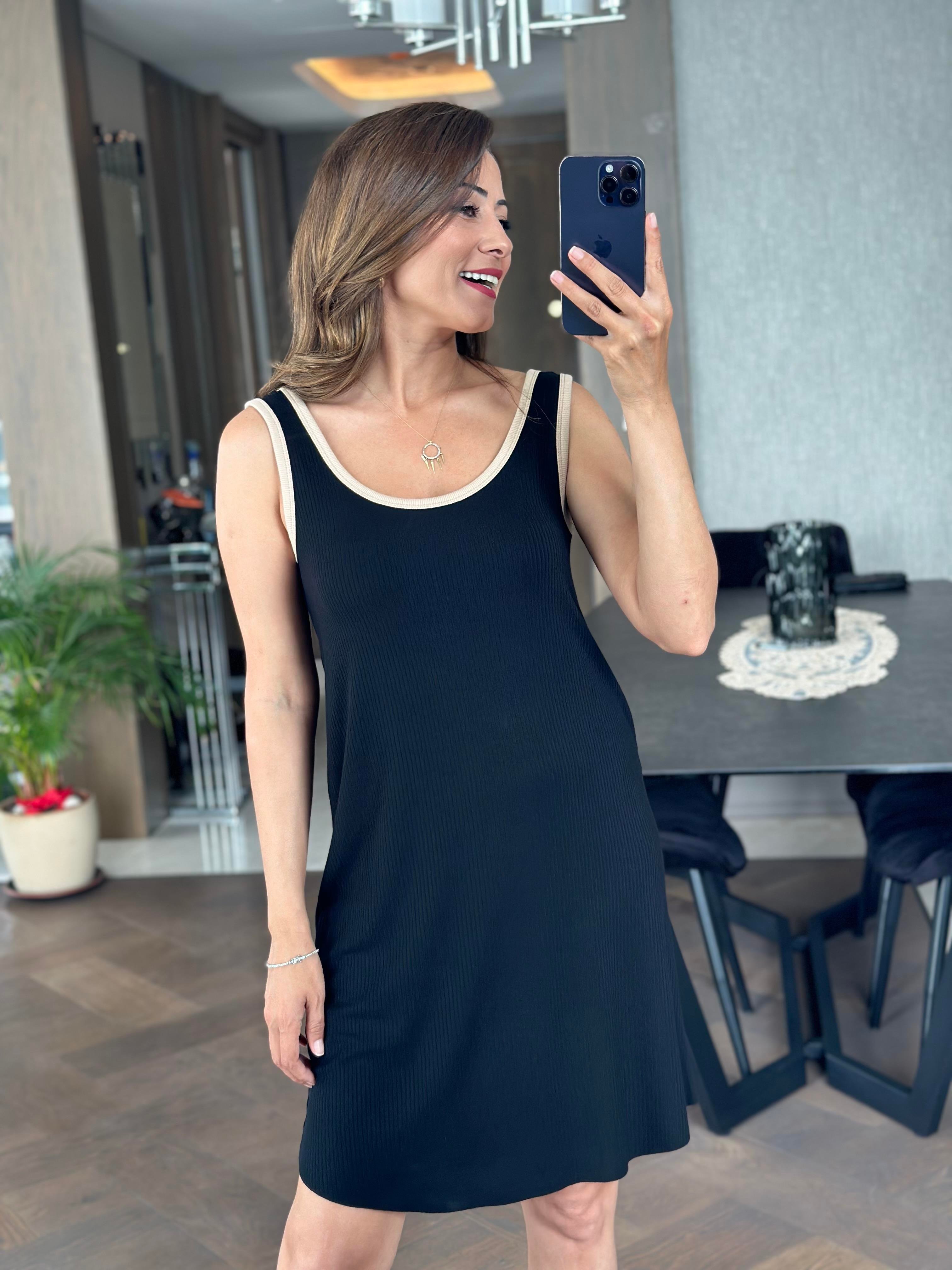 Siyah Ön Arka U Yaka Kalın Askılı Kaşkorse Kadın Elbise 