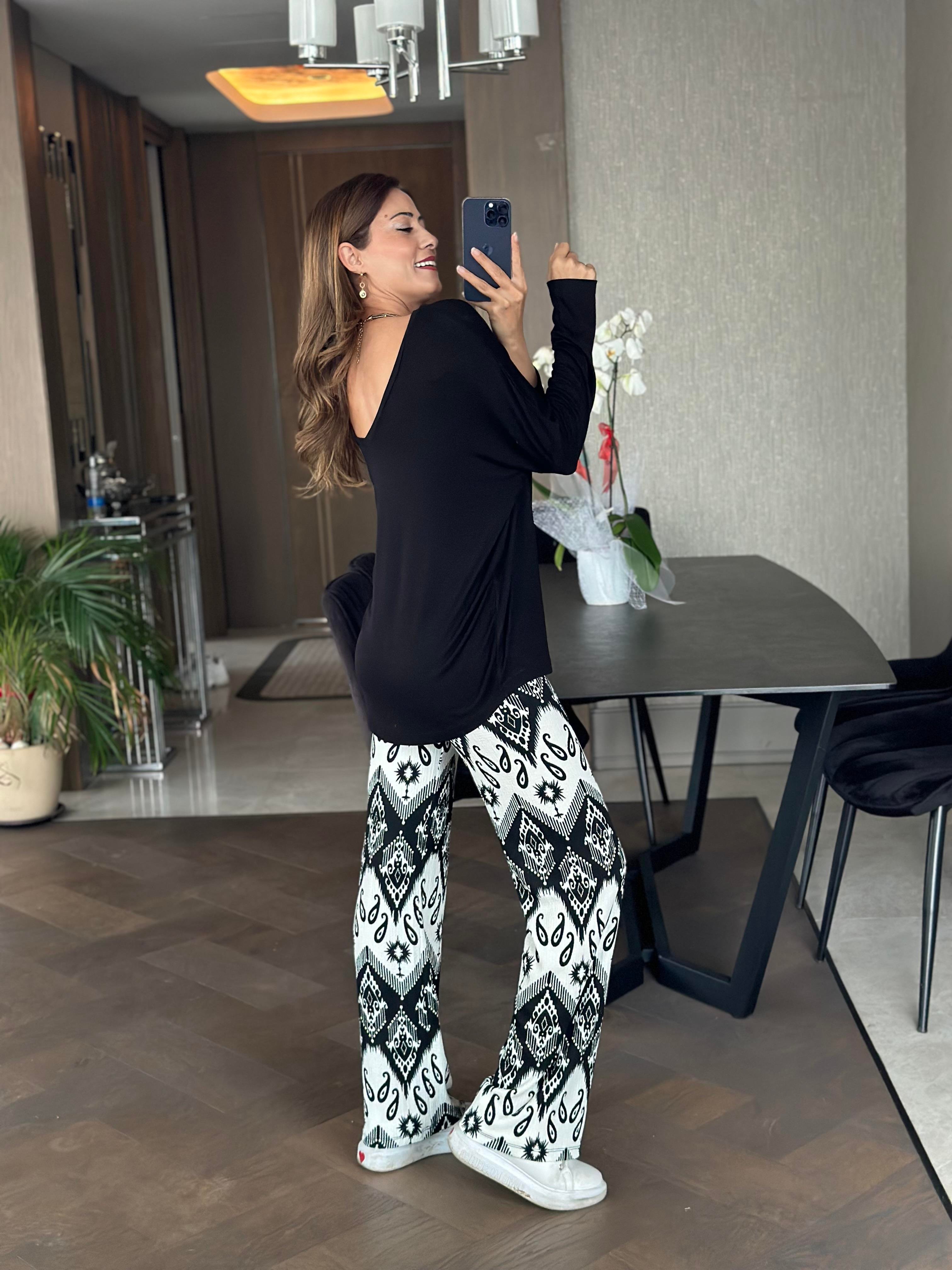 Siyah Ön Arka V Yaka Uzun Kol Kadın Bluz