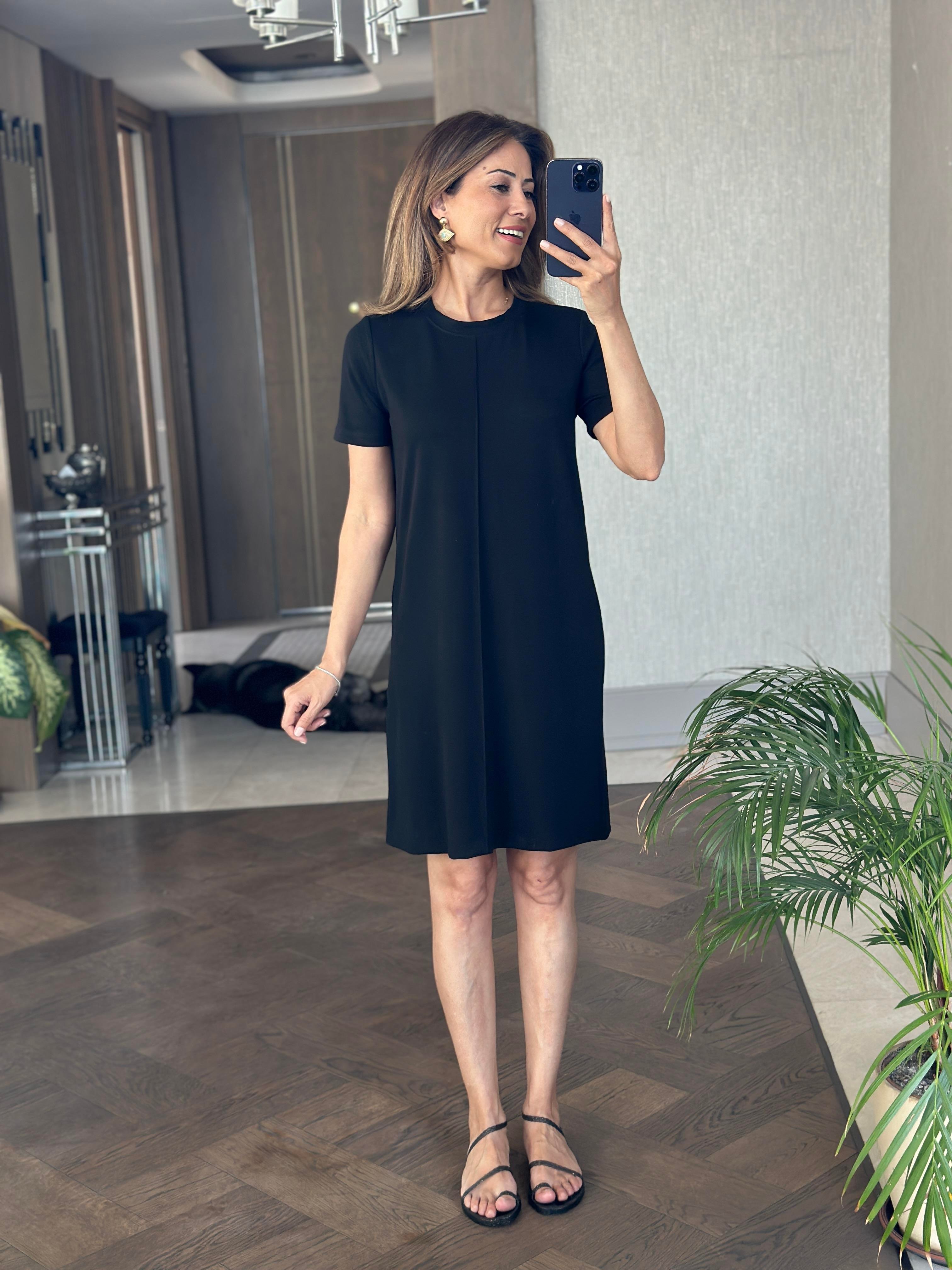 Siyah Önü Dikişli Kısa Kol Modal Kadın Mini Elbise