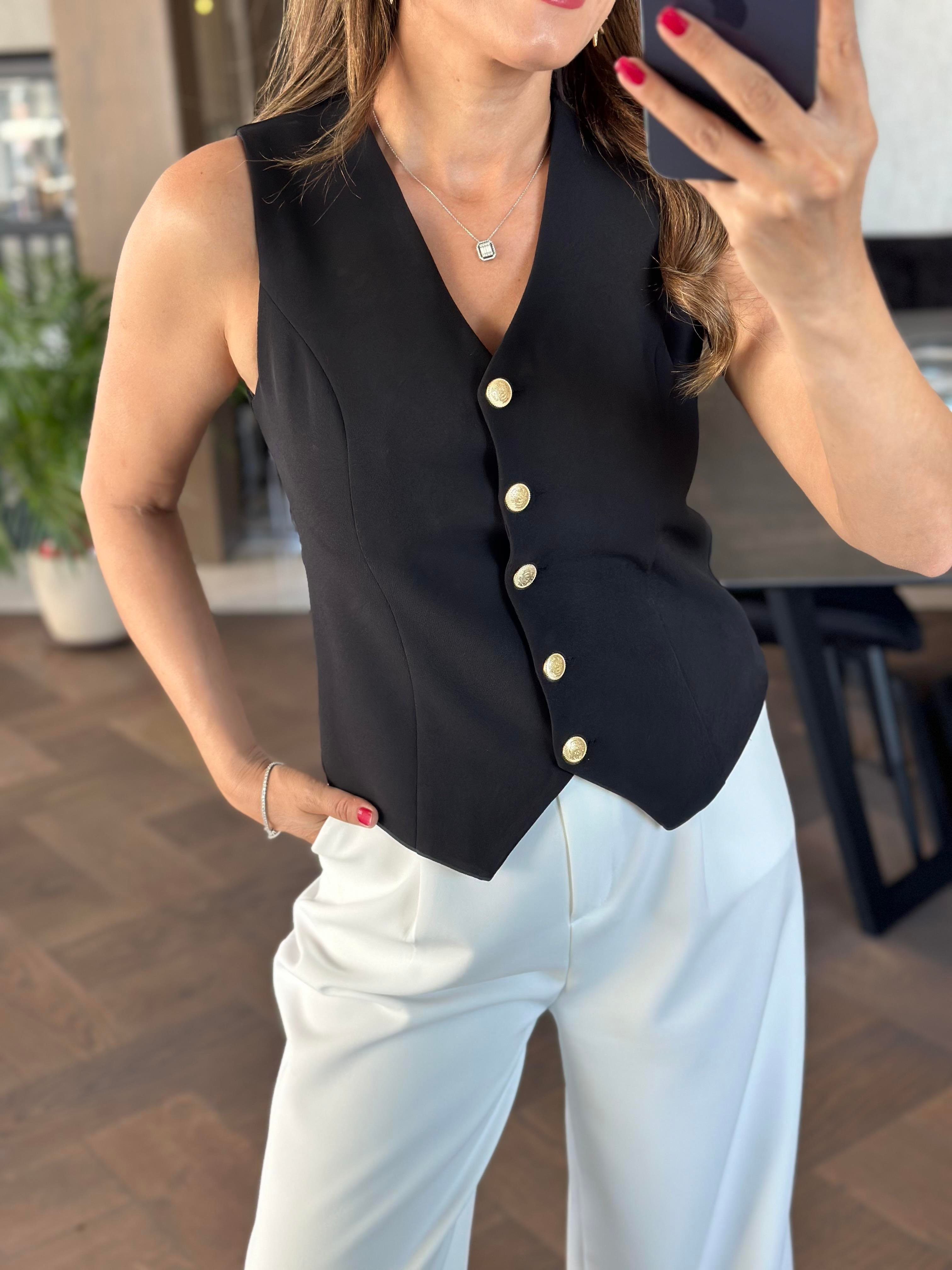 Siyah Orjinal Marka Beş Gold Düğmeli Astarlı Kadın Yelek