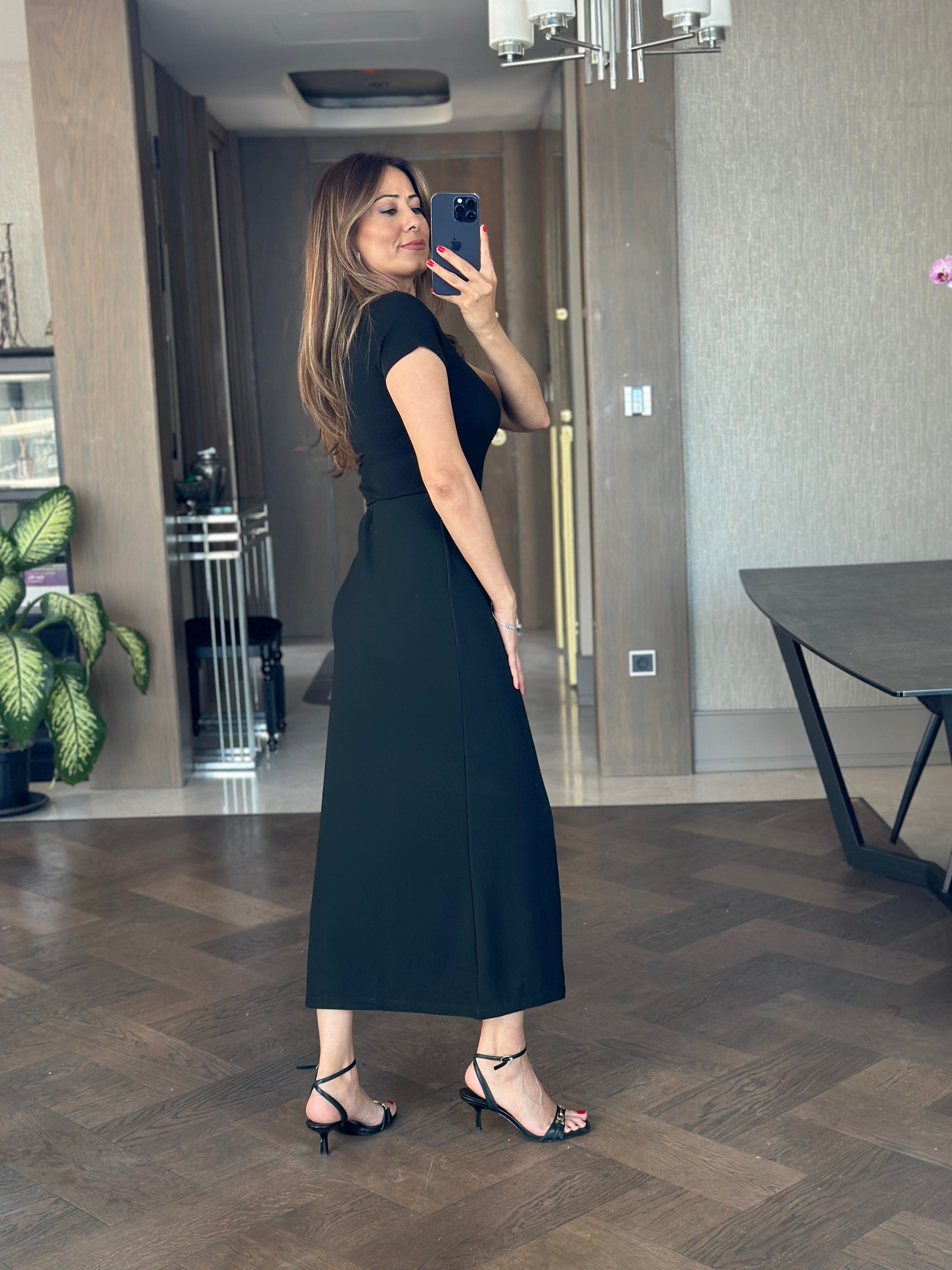 Siyah Ottoman Yırtmaçlı Güneş Serisi Kadın Midi Boy Etek