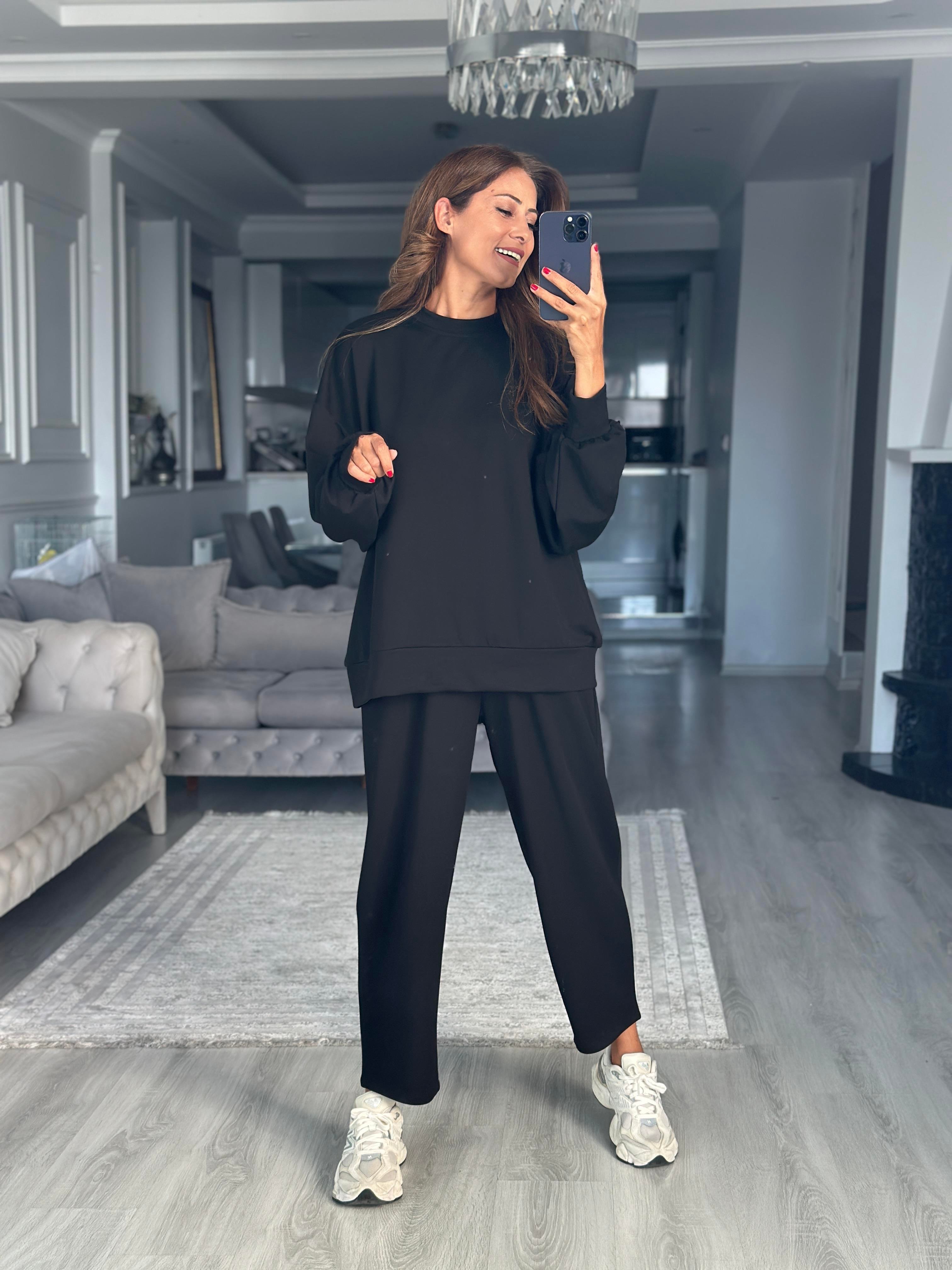 Siyah Oversize Bisiklet Yaka Sweatshirt Pantolon Kadın Alt Üst Takım