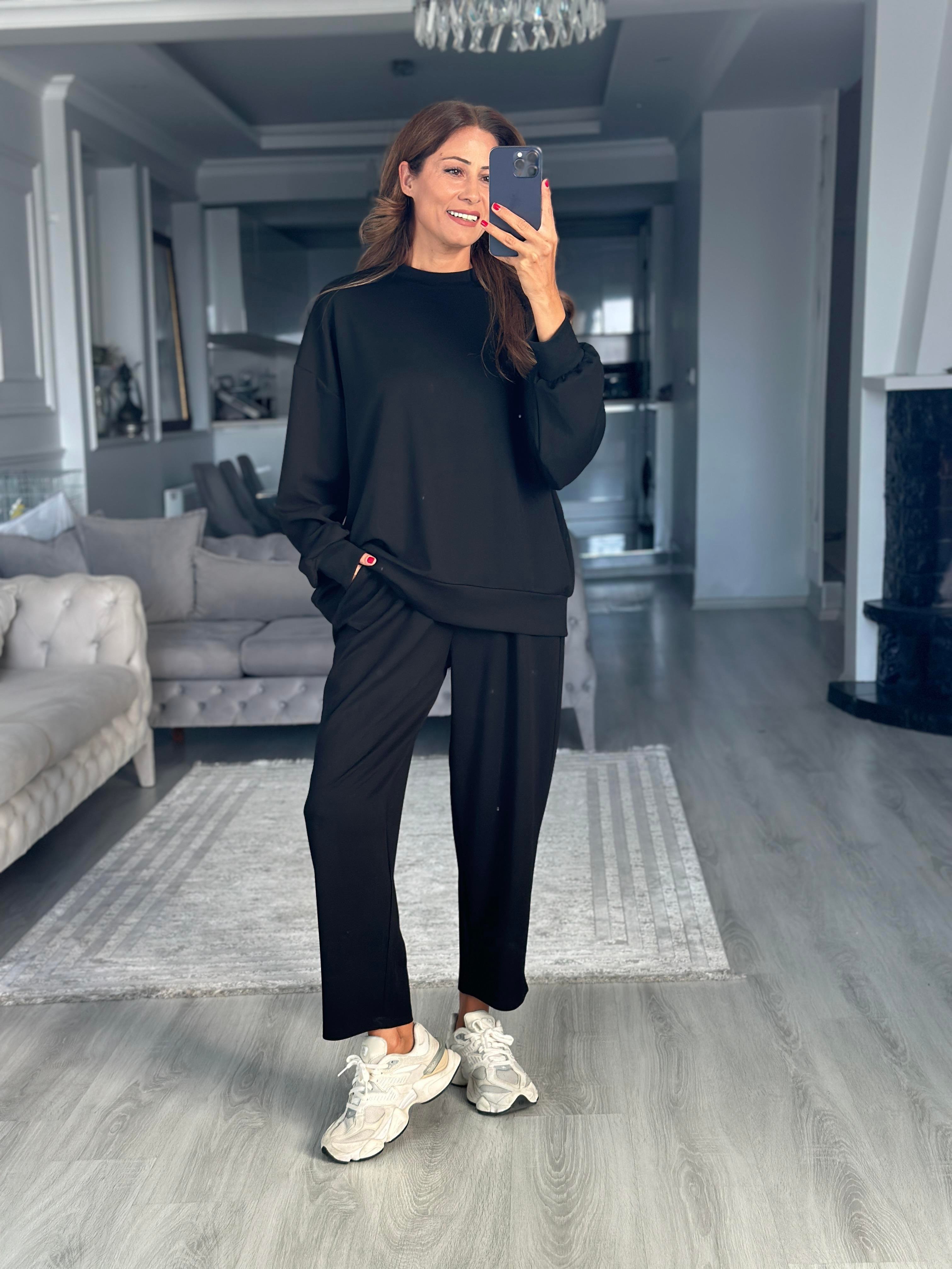 Siyah Oversize Bisiklet Yaka Sweatshirt Pantolon Kadın Alt Üst Takım