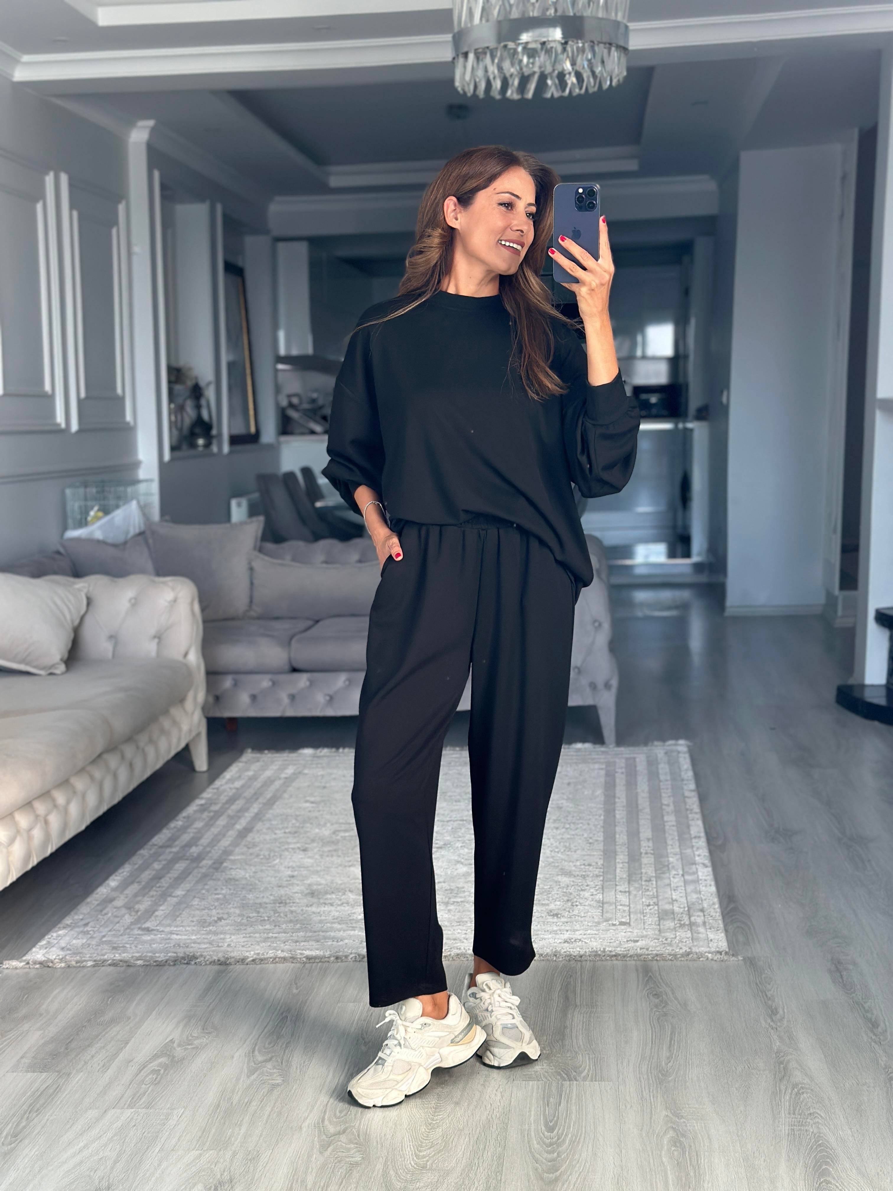 Siyah Oversize Bisiklet Yaka Sweatshirt Pantolon Kadın Alt Üst Takım