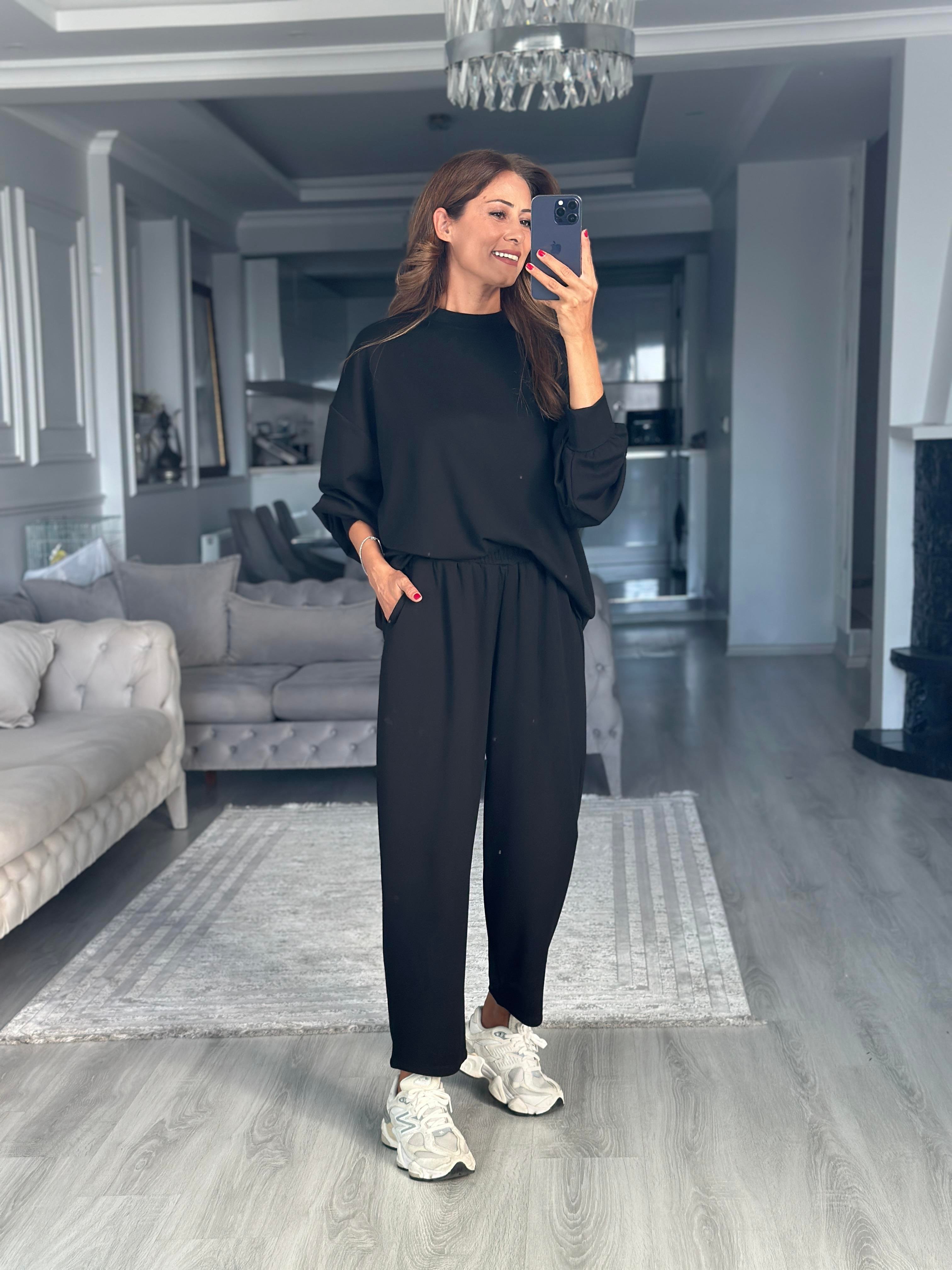Siyah Oversize Bisiklet Yaka Sweatshirt Pantolon Kadın Alt Üst Takım