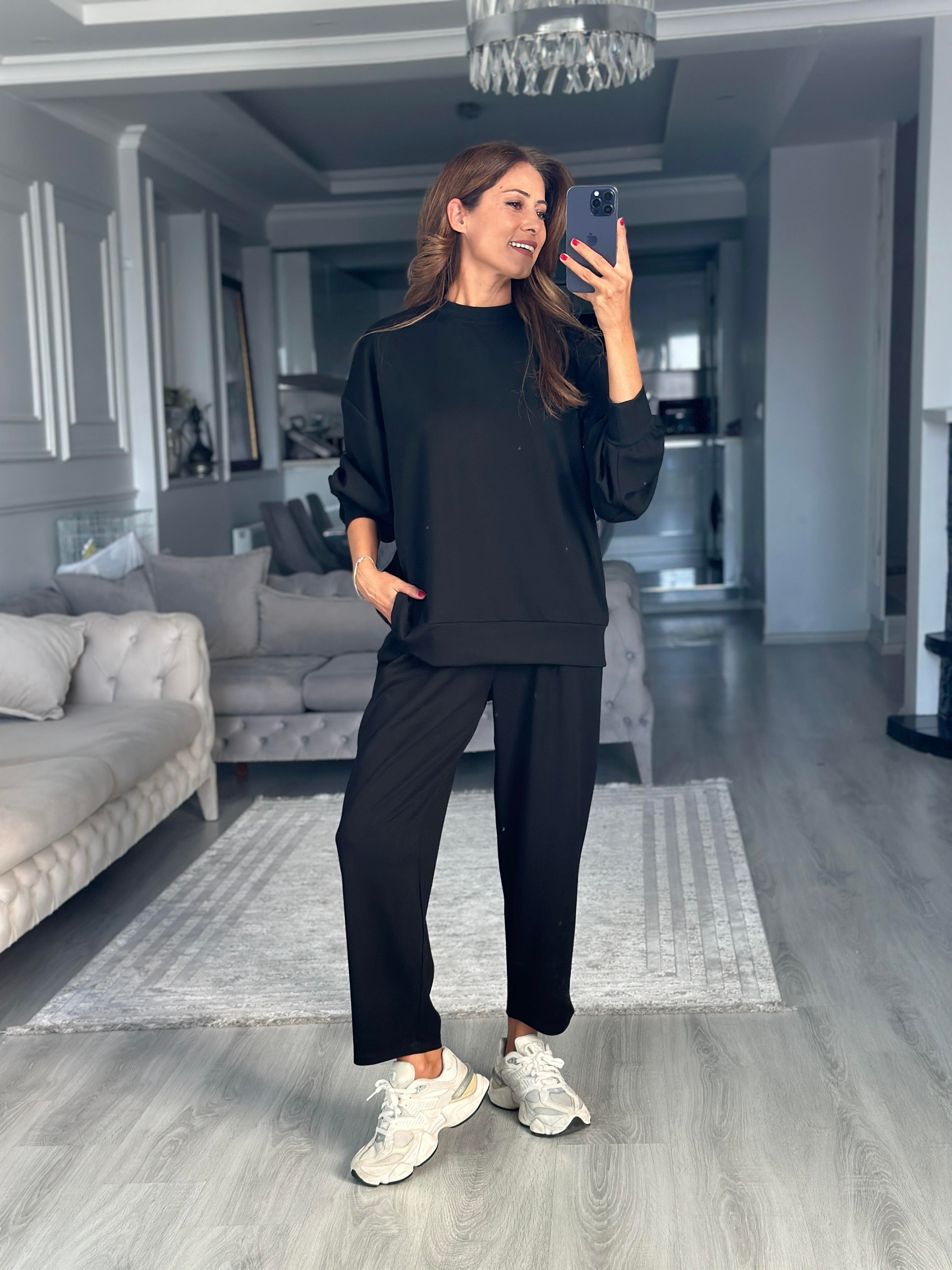Siyah Oversize Bisiklet Yaka Sweatshirt Pantolon Kadın Alt Üst Takım