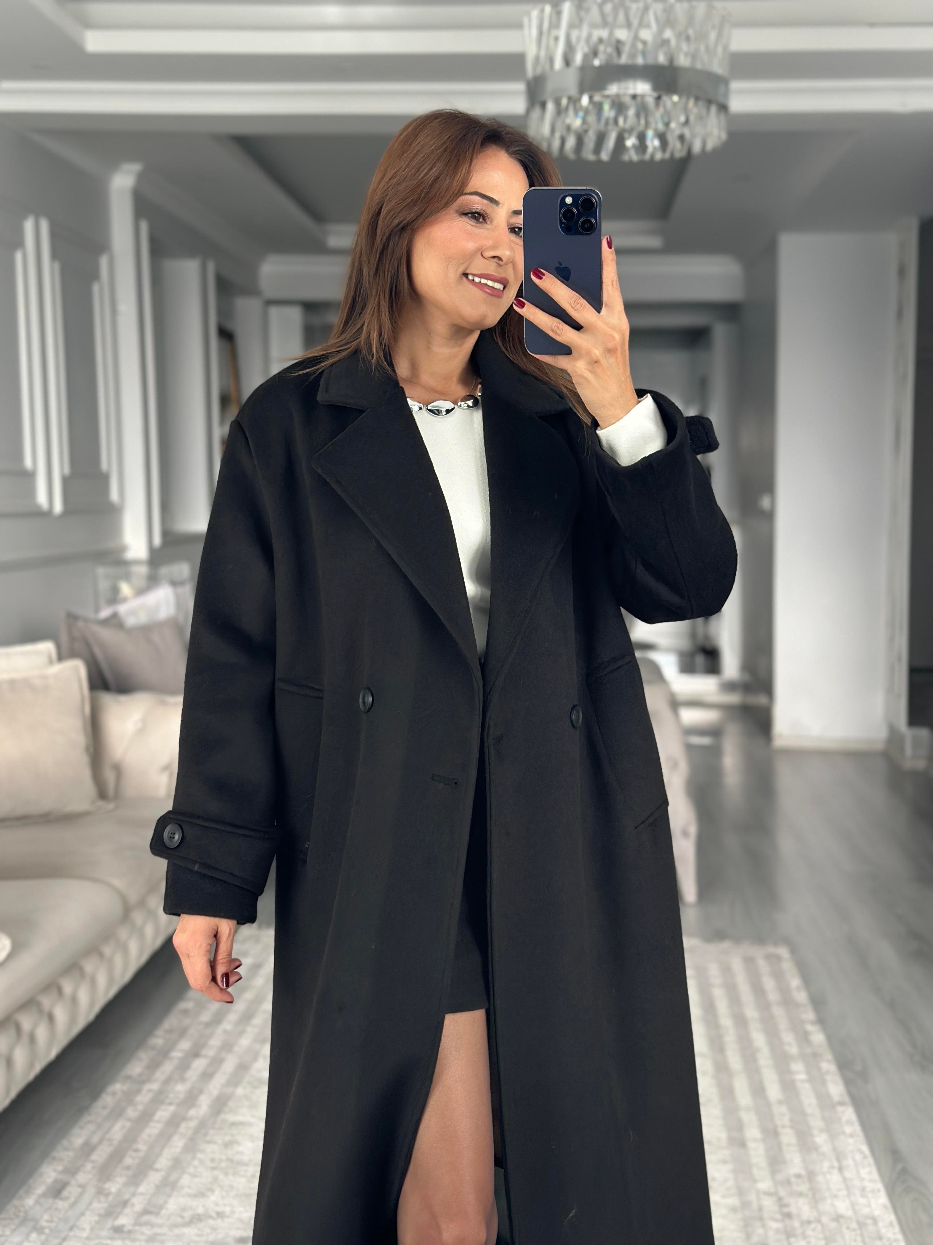 Siyah Oversize İki Düğmeli Kaşe Kaban