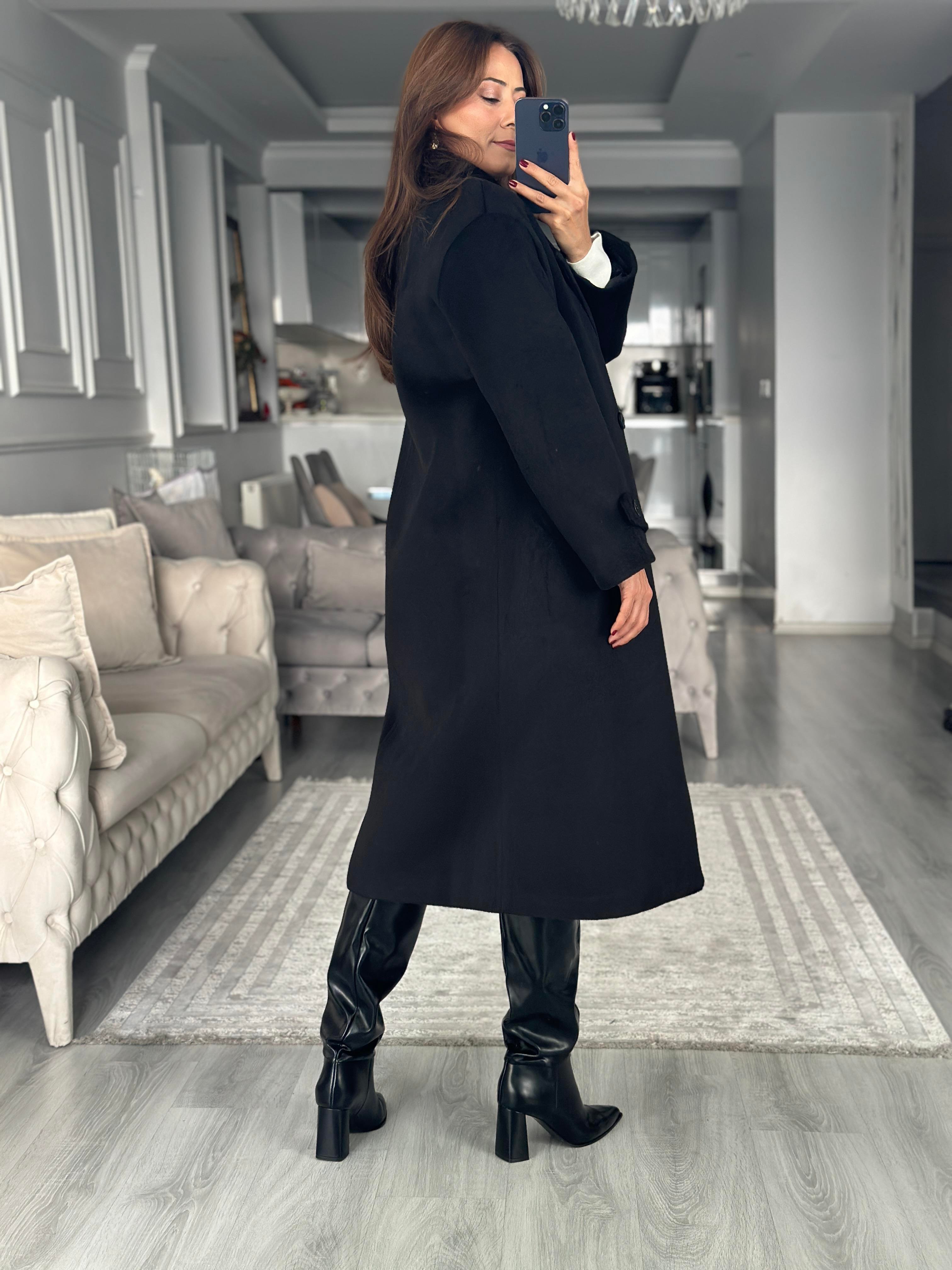 Siyah Oversize İki Düğmeli Kaşe Kaban