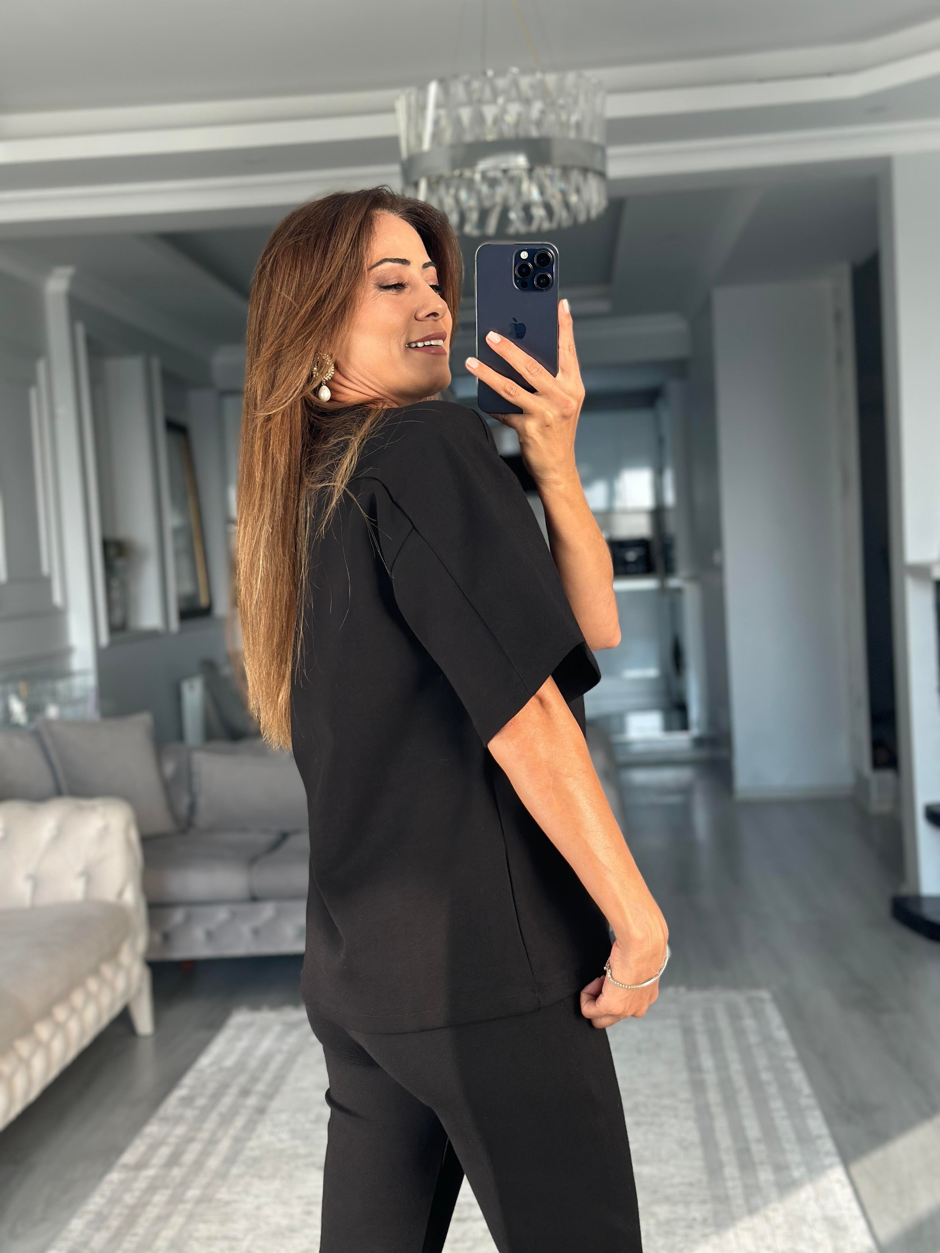 Siyah Oversize T-shirt Cepsiz Pantolon İnterlok Kadın İkili Takım