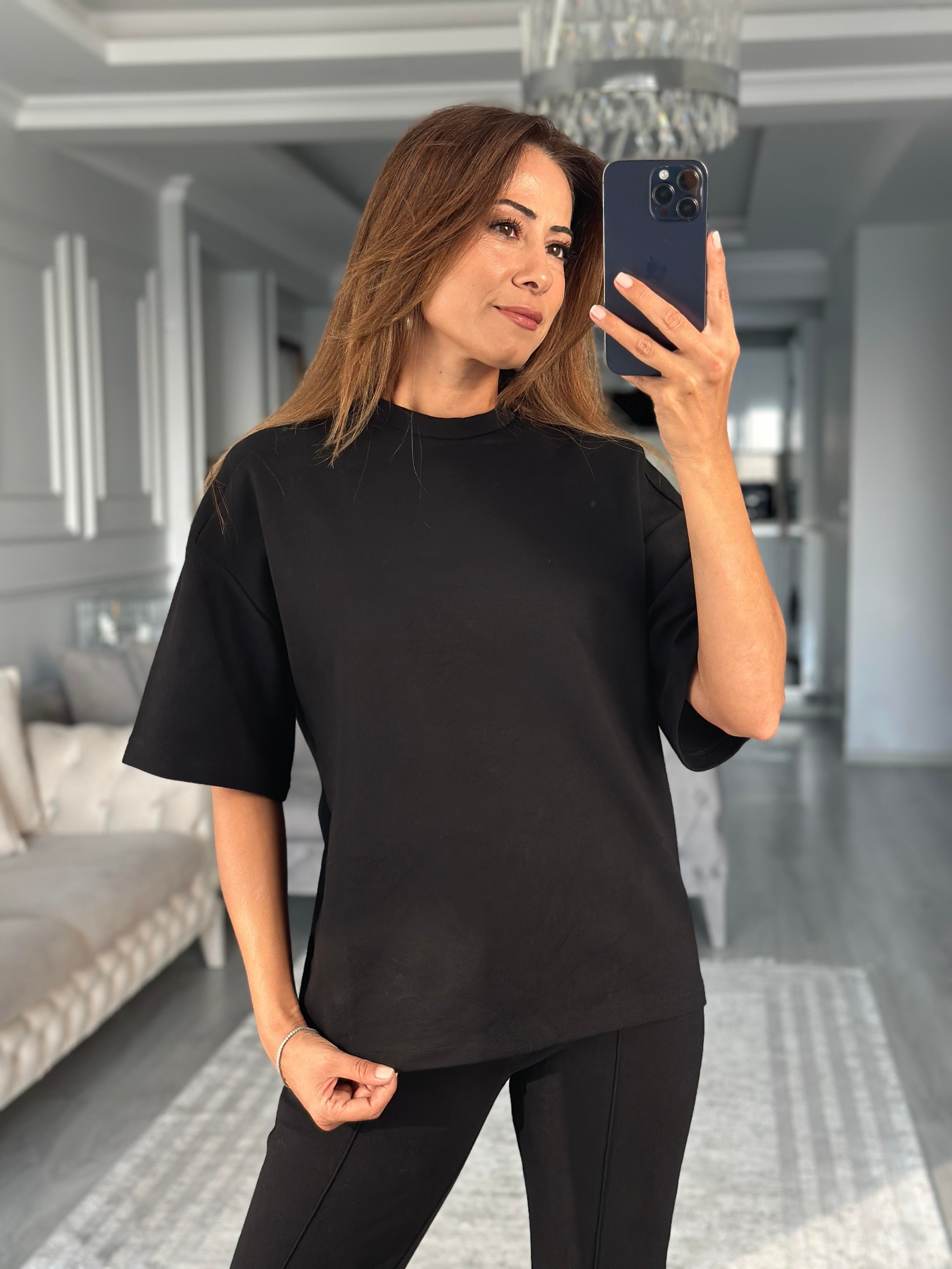 Siyah Oversize T-shirt Cepsiz Pantolon İnterlok Kadın İkili Takım