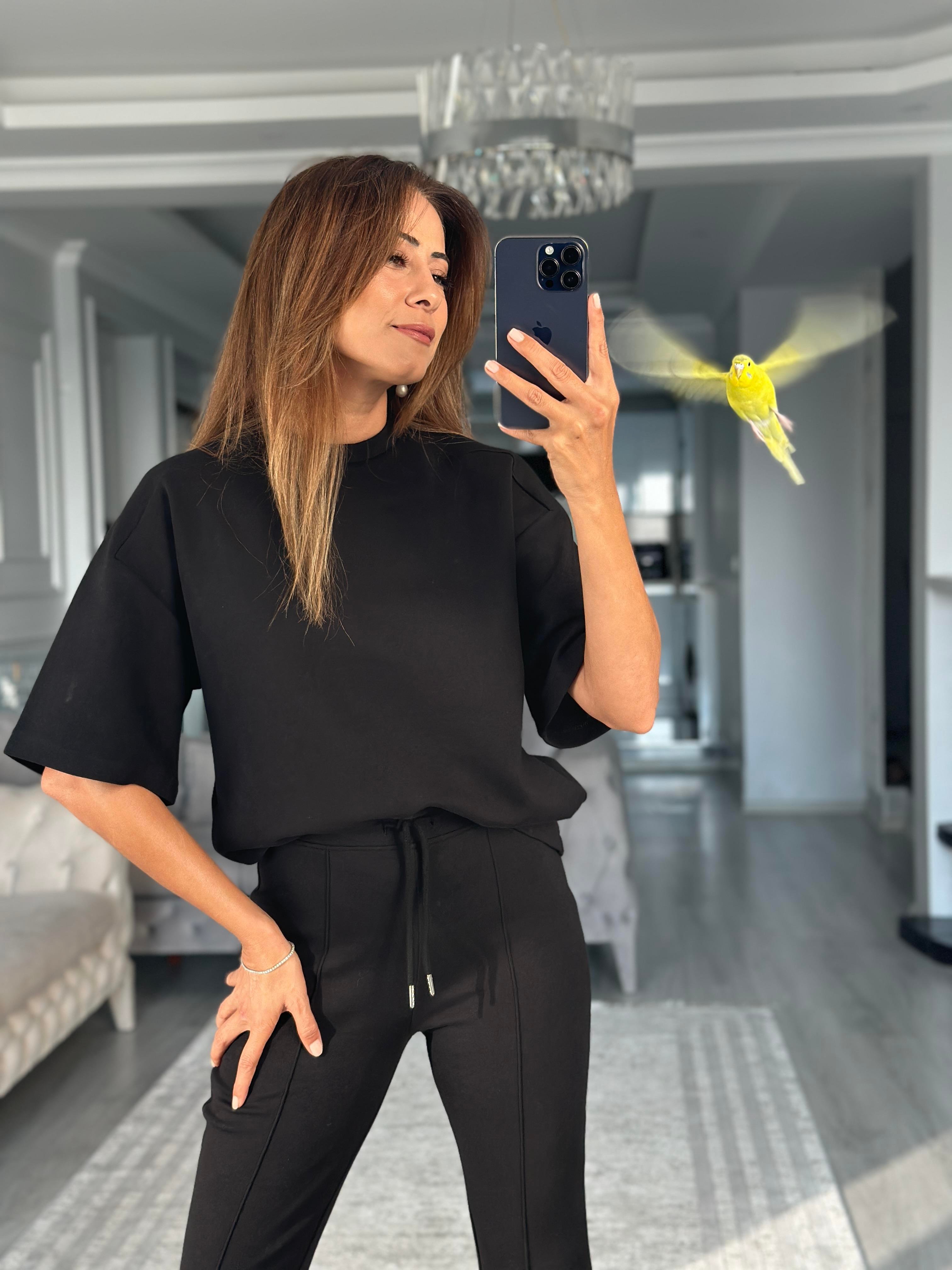 Siyah Oversize T-shirt Cepsiz Pantolon İnterlok Kadın İkili Takım
