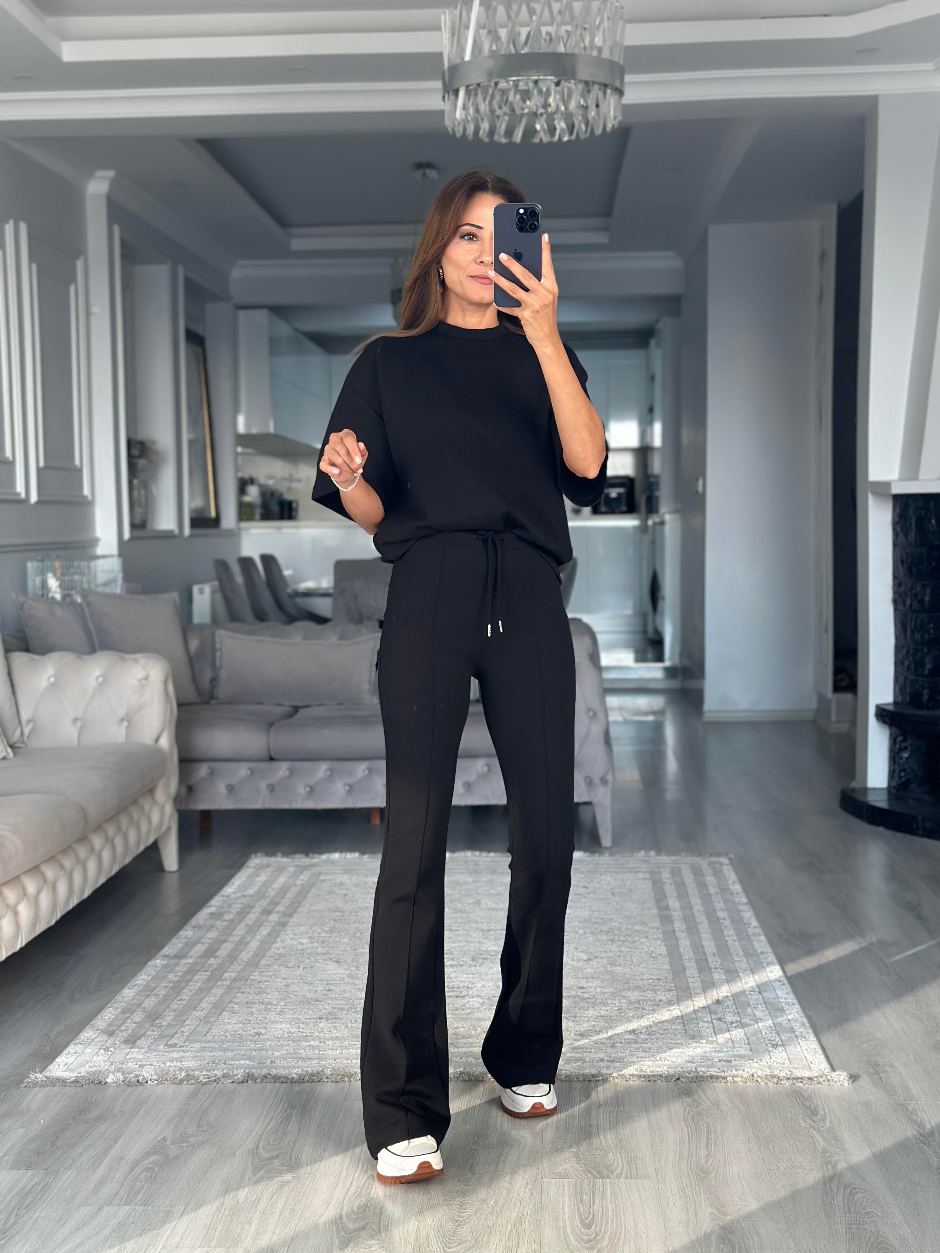 Siyah Oversize T-shirt Cepsiz Pantolon İnterlok Kadın İkili Takım