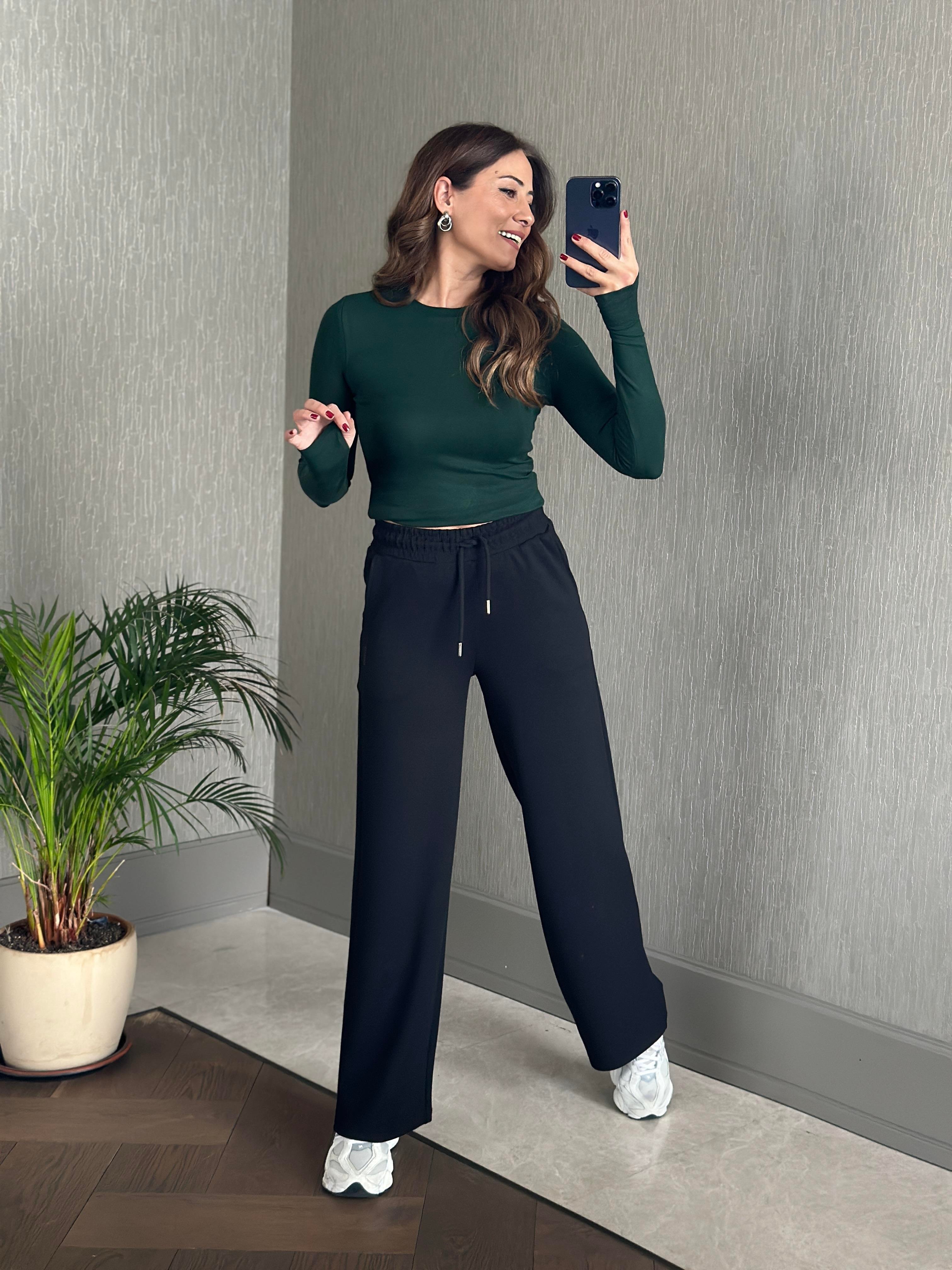 Siyah Oysh Model Bol Paça Cepli Kadın Modal Eşofman Altı